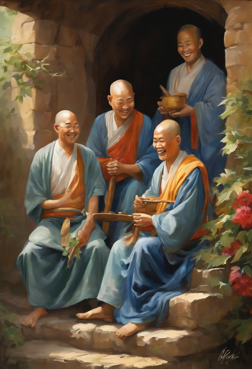 masterpiece, top quality, best quality, official art, beautiful and aesthetic: 1.2), illustration of 3 laughing Chinese monks in a village, upper body, masterpiece, best quality, high quality, high resolution, 16K, RAW, ultra high resolution, ultra details, fine details, an extremely delicate real shadow, extremely detailed, anime, highly detailed painting, award-winning glamor painting, wonderful painting, art style, stylized