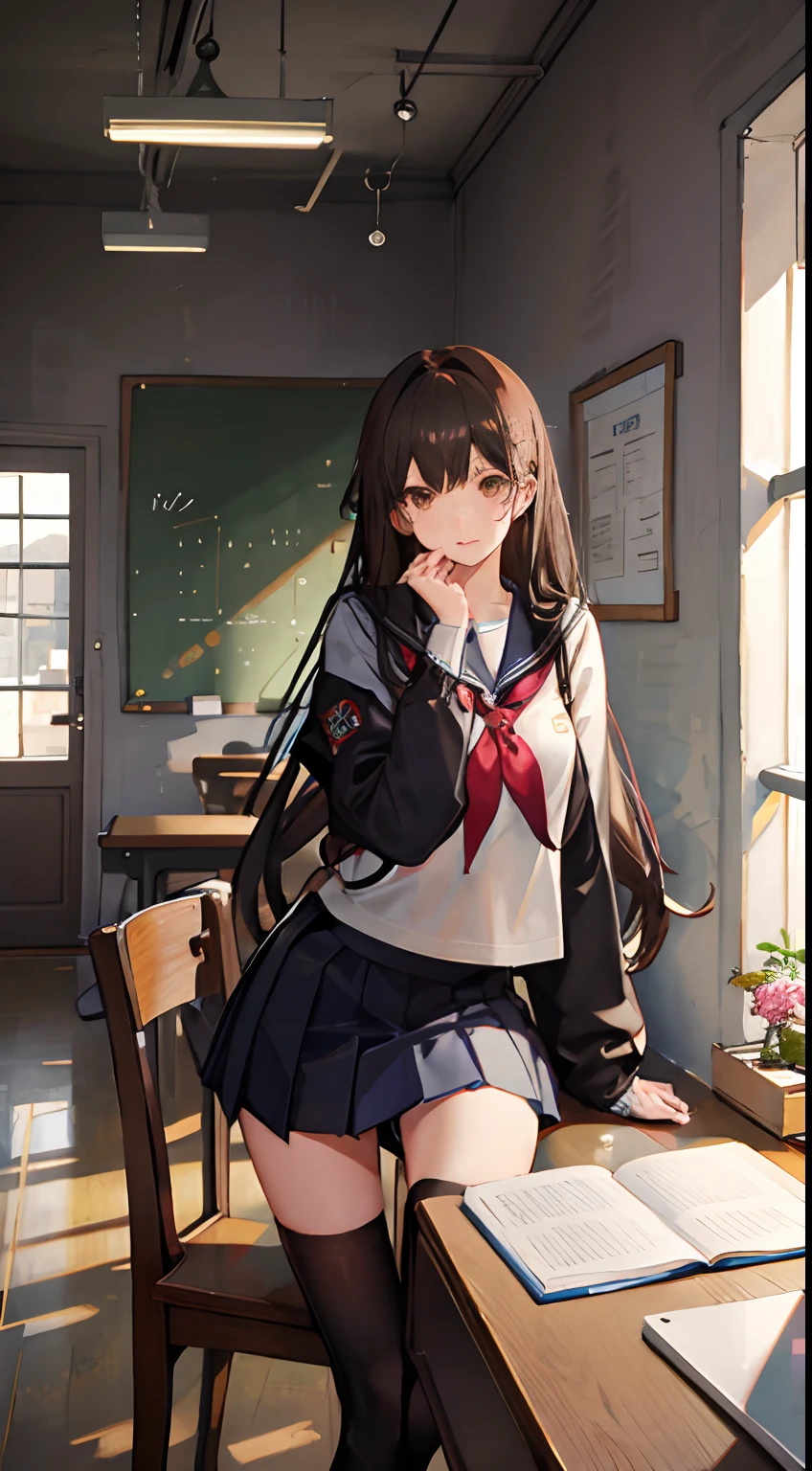 Anime girl sitting at a desk with a book and a laptop - SeaArt AI