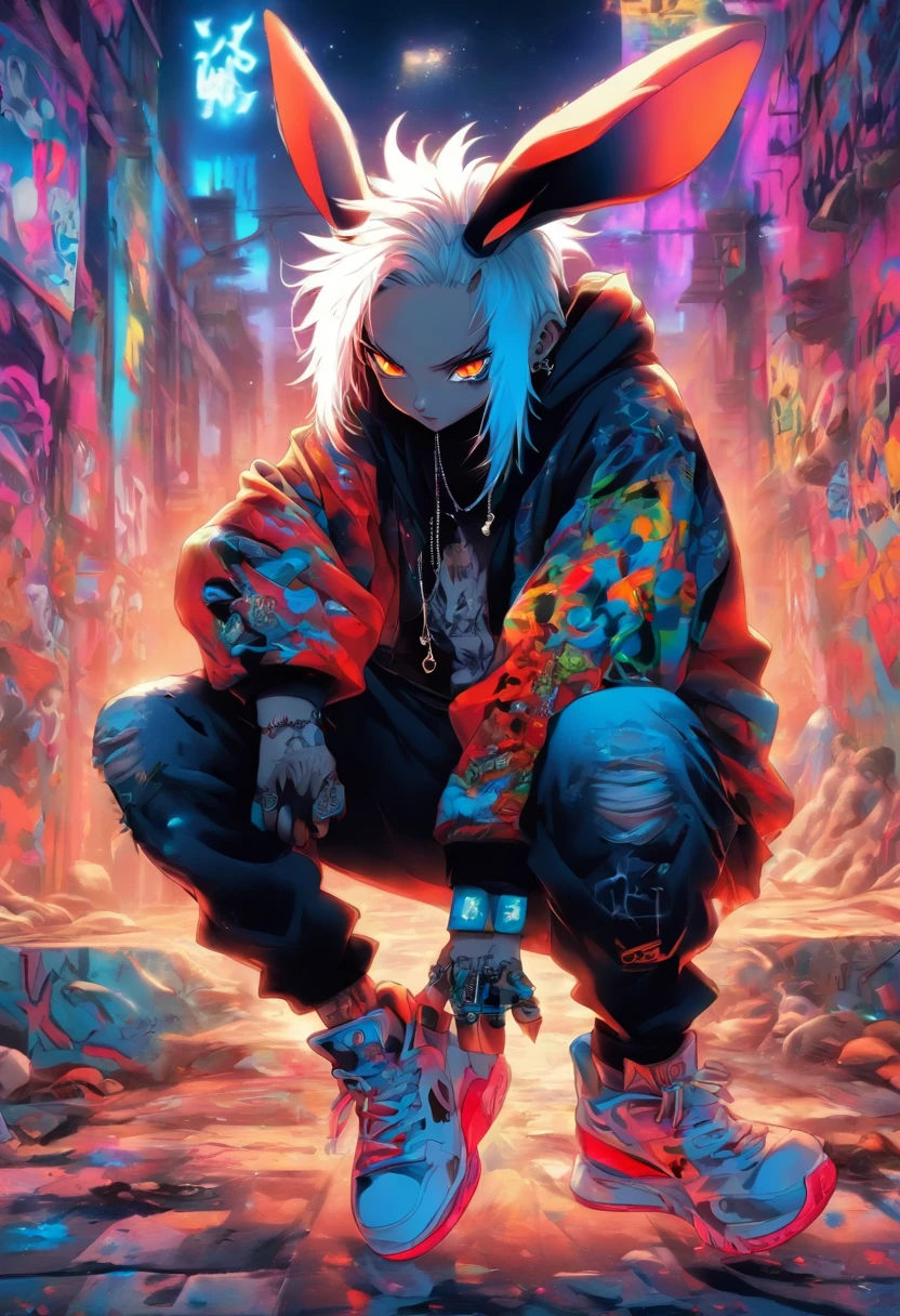 A cool and trendy rabbit, white hair, blue eyes, wearing trendy hip hop clothing, wearing a hoodie, graphic t-shirt and torn jeans, tons of tattoos and piercings, graffiti style background, highly detailed background, perfect masterpiece, high quality, high resolution