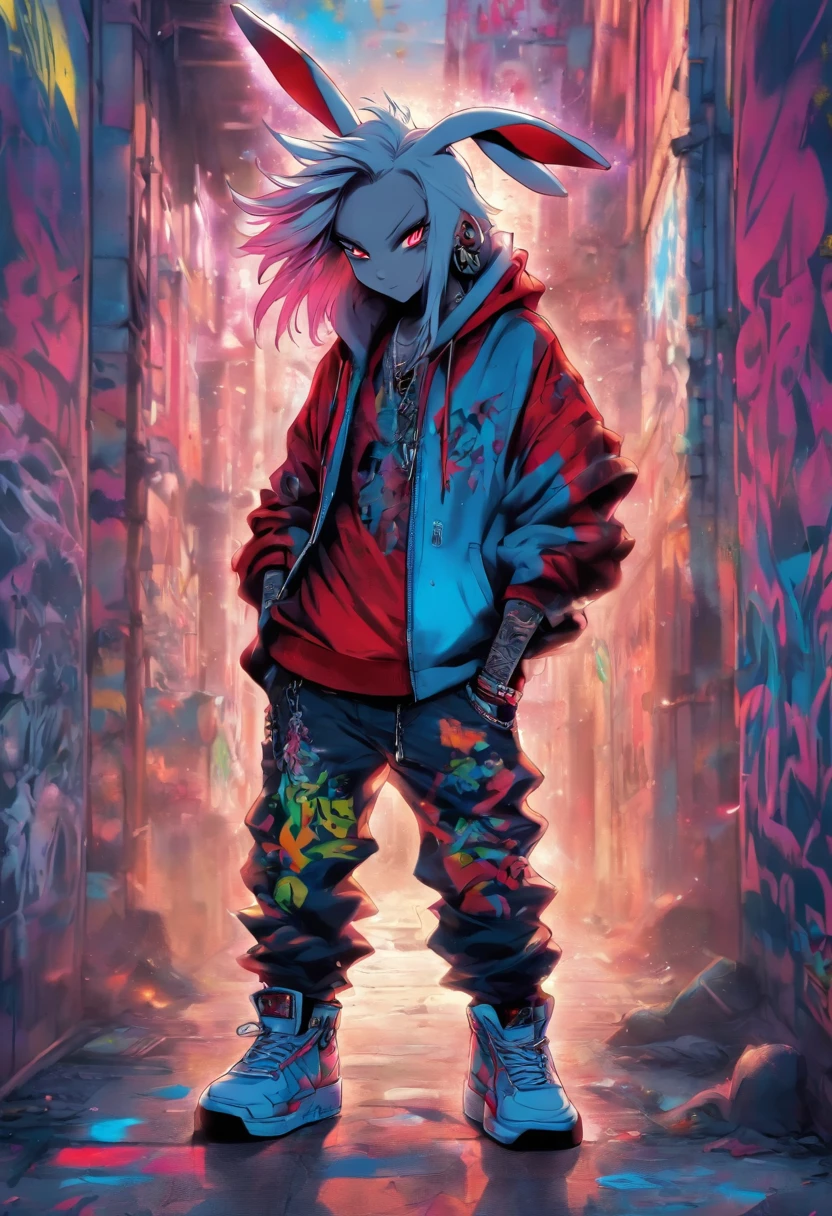 A cool and trendy rabbit, white hair, blue eyes, wearing trendy hip hop clothing, wearing a hoodie, graphic t-shirt and torn jeans, tons of tattoos and piercings, graffiti style background, highly detailed background, perfect masterpiece, high quality, high resolution