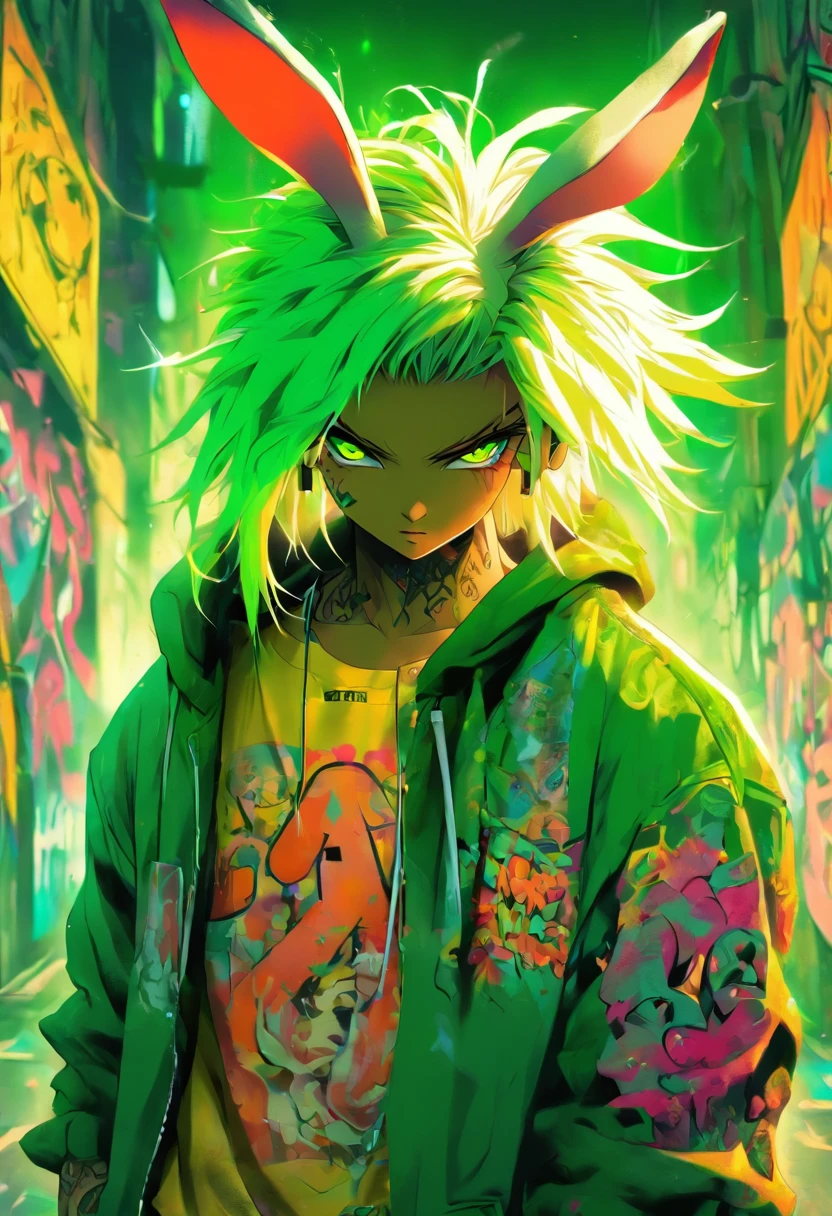 A cool and trendy rabbit, white hair, green eyes, wearing trendy hip hop clothing, wearing a hoodie, graphic t-shirt and torn jeans, tons of tattoos and piercings, graffiti style background, highly detailed background, perfect masterpiece, high quality, high resolution