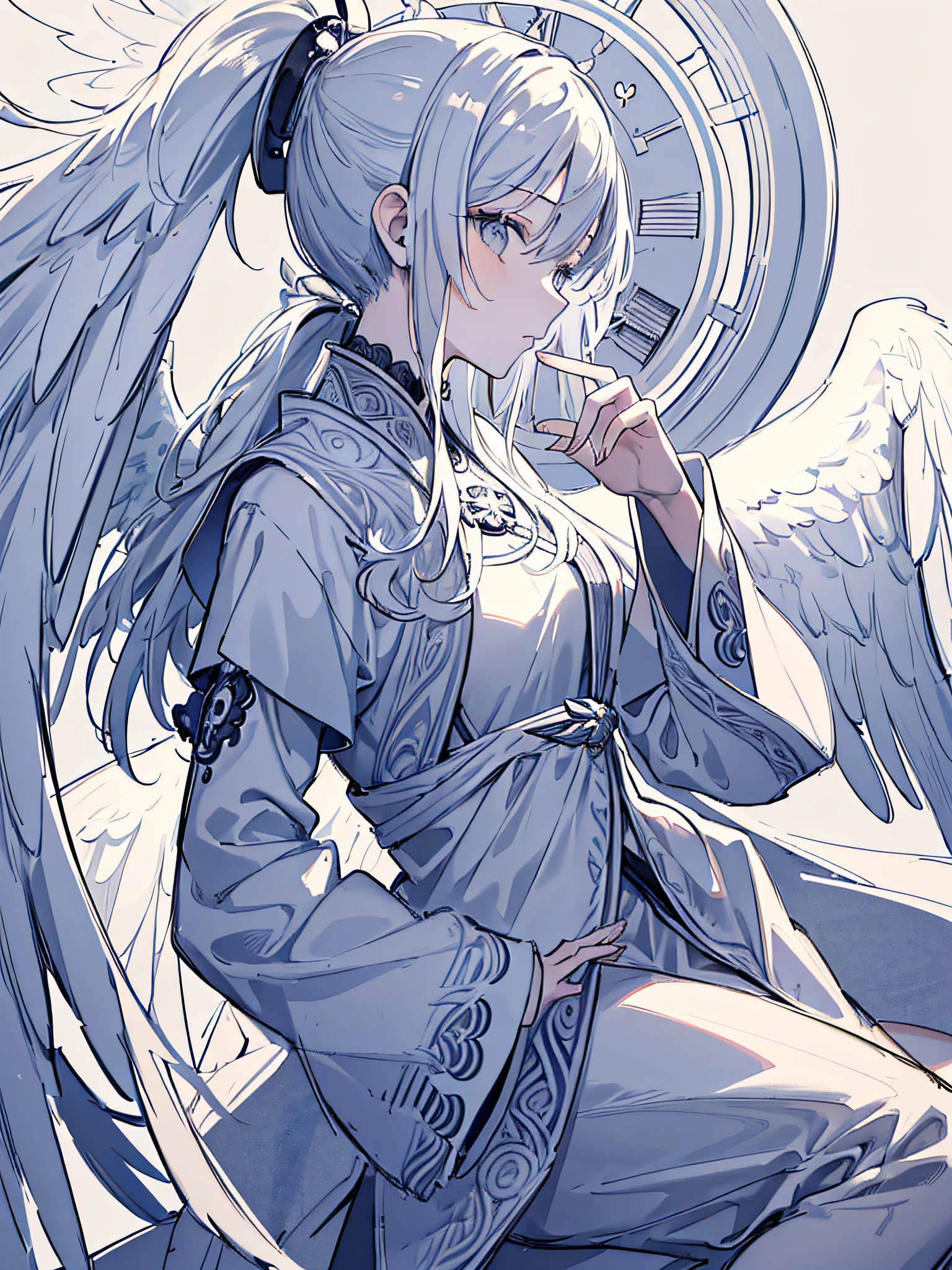 masterpiece, acura, 1girl, solo, mage robes, long ponytail white hair, angelic wings, profile close-up, flower line drawing background, clock background, monochrome, line drawing, looking at viewer, grey eyes, thinking pose ((sketch))