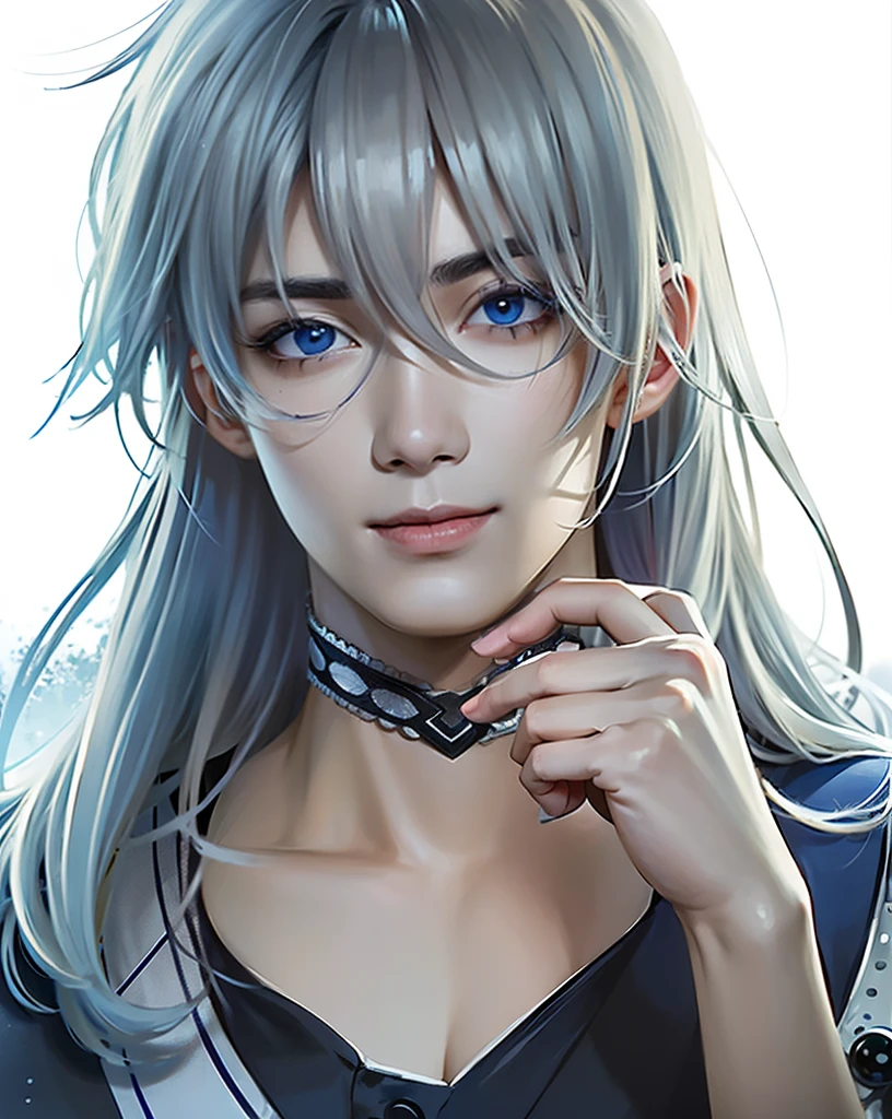 masculine male, masterpiece, ((perfect eyes)) best quality, (semirealism:1.9), beautiful lighting, (extremely detailed CG unity 4k fhd wallpaper), High Detail, Sharp focus, dramatic outdoors, 1 boy ,19 years old, white hair, light purpel eyes, smile.