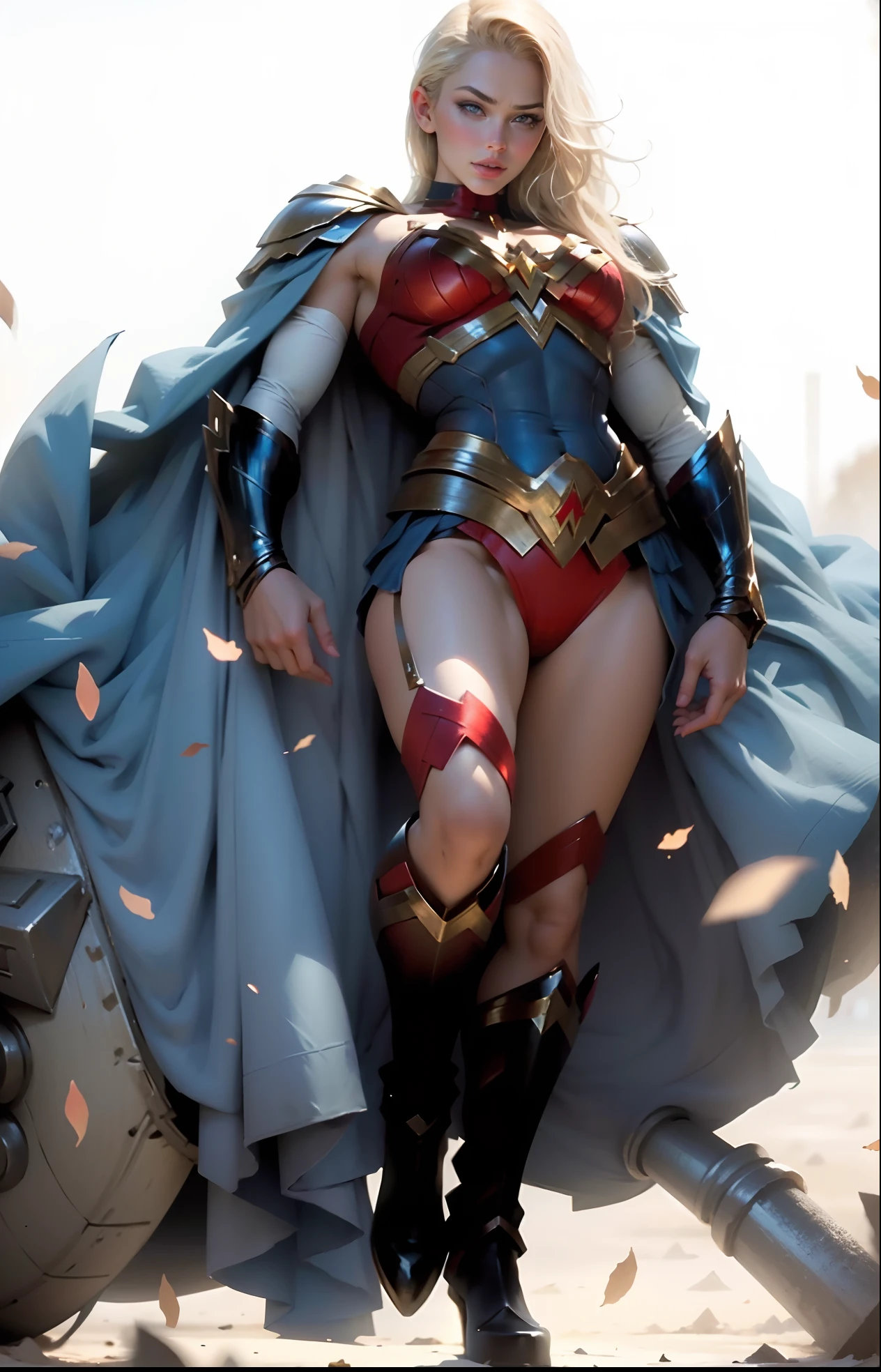 Hermosa mujer rubia de cabello extremadamente largo cuerpo definido grandes pechos, con cosplay de Wonder Woman sin tiara