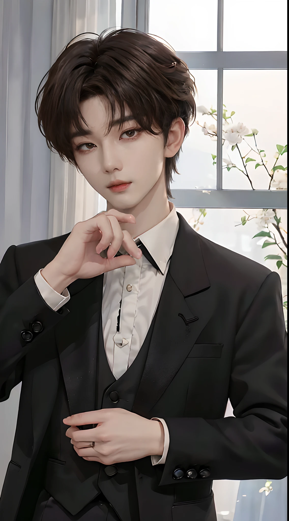 ((4K works))、​masterpiece、（top-quality)、((high-level image quality))、((One Manly Boy))、Slim body、((Man in black tuxedo))、(Detailed beautiful eyes)、window、deacon、Face similar to Chaewon in Ruseraphim、((short hair above the ears))、((Smaller face))、((Neutral face))、((Light brown eyes))、((Korean boy))、((18year old))、((Handsome man))、((A charming expression))、((Korean Makeup))、((elongated and sharp eyes))、((Focus zoom out))、((Butler Photos))、Professional Photos、((Shot alone))、((Upper body photography))、((Butler Pose))