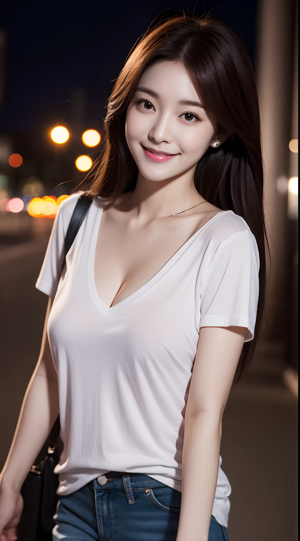 Realistic photos of 1cute Korean star, medium hair slightly smile, 32 inch breasts size, wearing v-neck t-shirt, pants, walking in the city, night, close-up portrait, UHD
