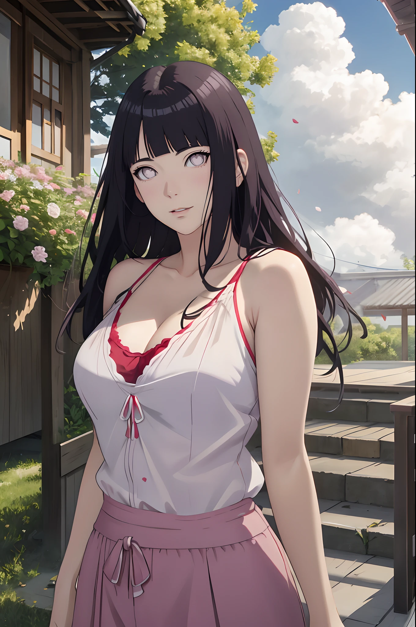 tmasterpiece， hoang lap， hyouka\（Boruto\）， 1girll， 独奏，a mature female， Purple slip dress，cleavage，Large breasts，Brown pants，exteriors，Lavender flower field， looking at viewert， （Falling petals）， mostly cloudy sky， perfect compositions， Detailed lips，， beauitful face， Body support， Be red in the face， （redish pink lips）， long whitr hair， White eyes， Soft gaze， Sad smile， Super realistic， A detailed， photoshoot， Realistick faces and bodies， photo-realistic hair， photorealistic eye，realistic nose，realistic lips