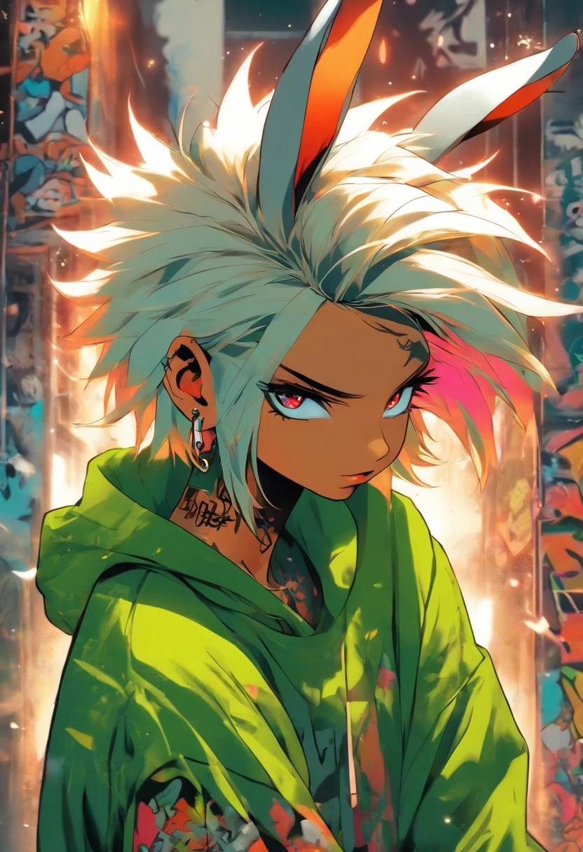 A cool and trendy rabbit, white hair, green eyes, wearing trendy hip hop clothing, wearing a hoodie, graphic t-shirt and torn jeans, tons of tattoos and piercings, graffiti style background, highly detailed background, perfect masterpiece, high quality, high resolution