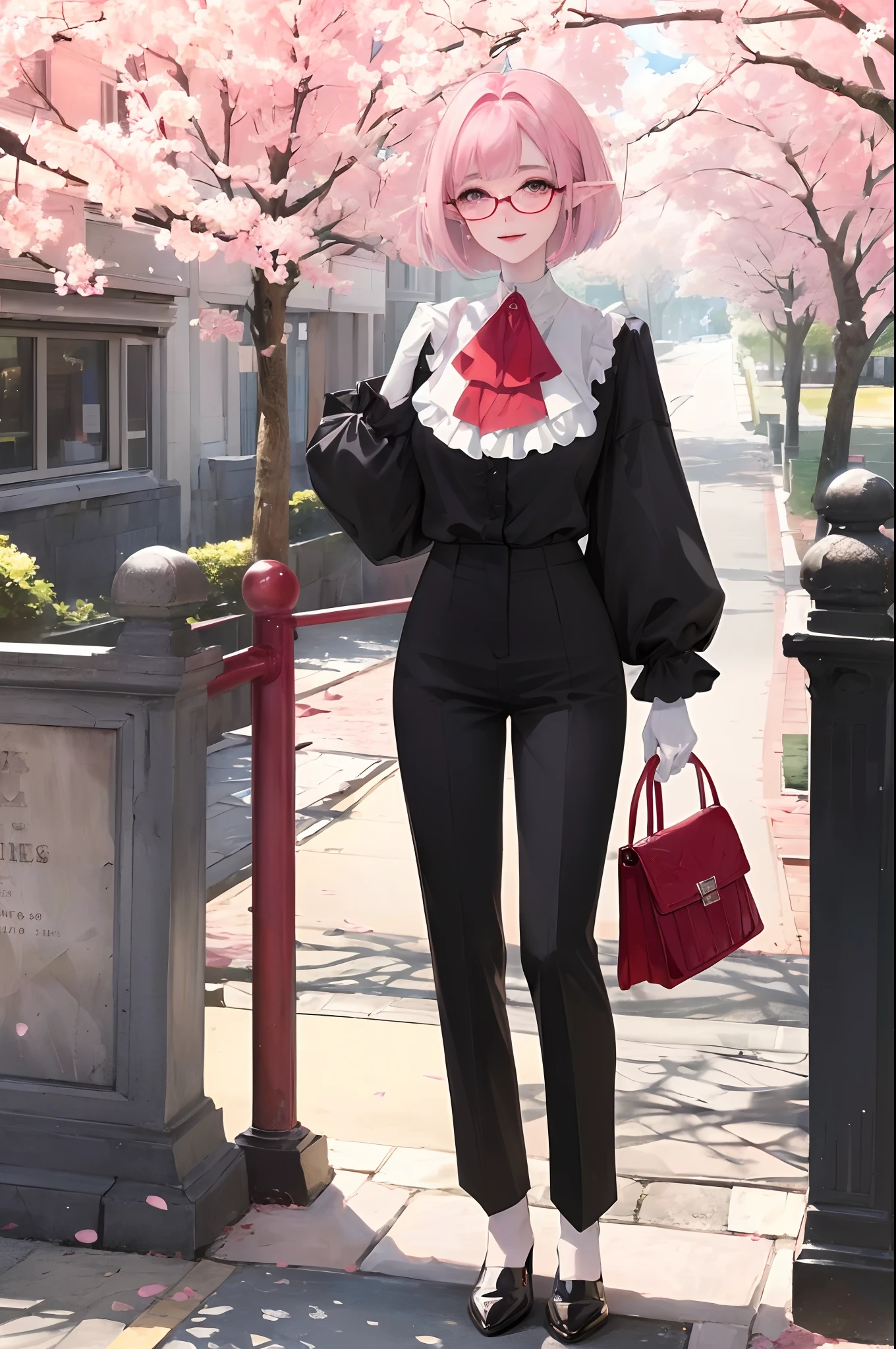 masterpiece、top-quality、Ultra Detail、, 1girl in,beautiful lighting、1girl with、(((22year old)))、(((college aged)))、adult lady、(((Beautie)))、(((Beautiful woman)))、Red glasses(((Red glasses)))、(((Black Business Suit)))、(((frilled blouse))) 、(((hand bag)))、little blush、ren、(((full body Esbian)))、pumps、(shiny lip:1.1)、(beautidful eyes:1.1)、(((front facing)))、(((front facing)))、Photo Shot、short-hair、bob cuts、Platinum Pink Hair、Red glasses、Platinum pink eyes、elf-ears、Well-formed face、Colossal tits、A smile、masutepiece、Best Quality、High resolution、Cowboy Shot、From Side、Pale skin staring at the viewer、Curve、Blunt bangs、lightsmile、lightsmile、Sunnyday、Particles of light、Schools、gate、cherry trees、Cherry blossoms in the air、Entrance Ceremony、Commemorative photo、