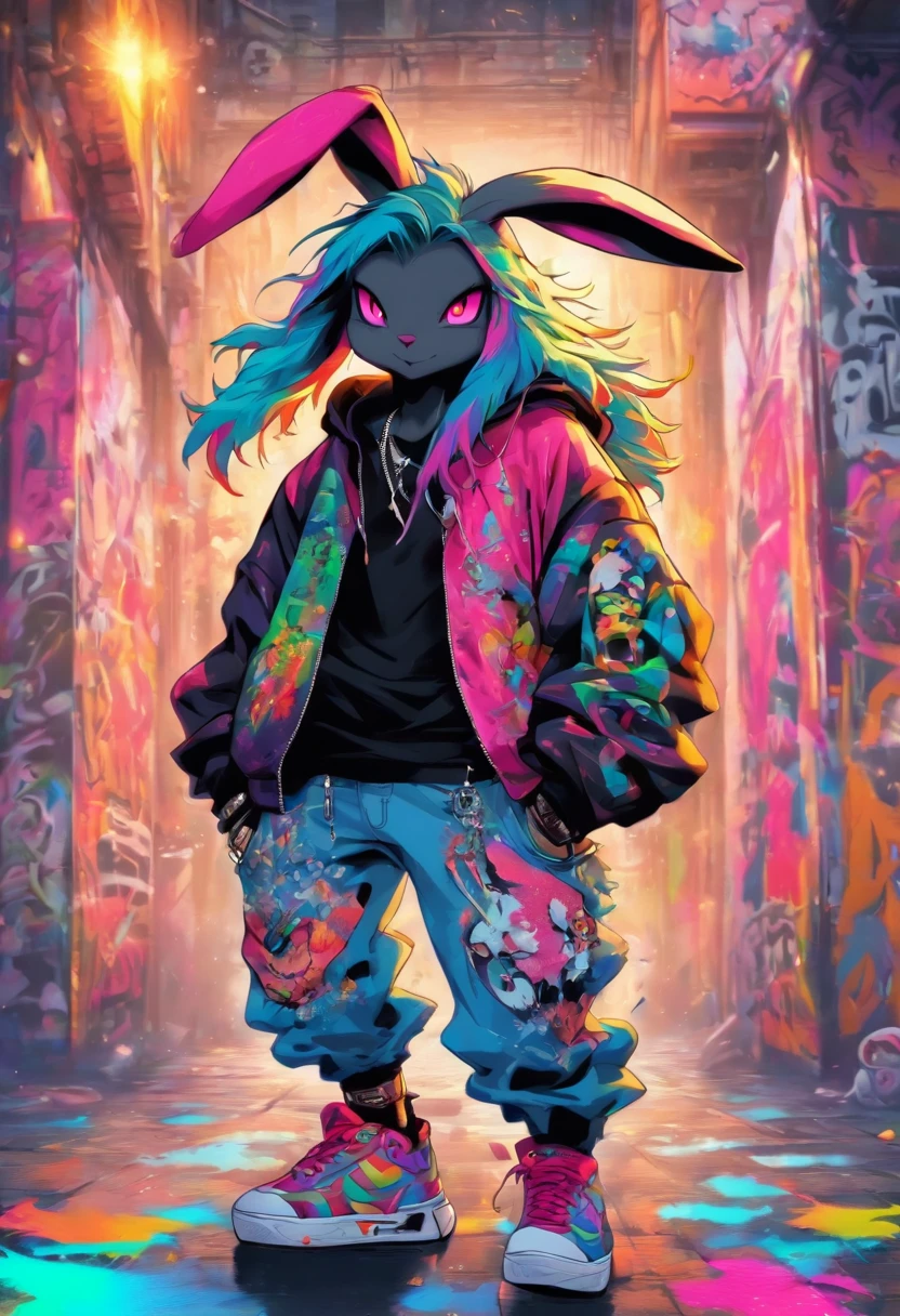 A cool and trendy rabbit, rainbow colored hair, yellow eyes, wearing trendy hip hop clothing, wearing a hoodie, graphic t-shirt and torn jeans, tons of tattoos and piercings, graffiti style background, highly detailed background, perfect masterpiece, high quality, high resolution