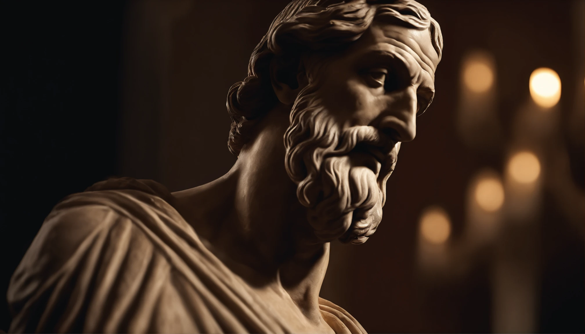 Muscular statue of the Greek philosopher, barba grande, kinematics, fondo oscuro, 8k, ultra realista, Escenario de 2,000 years ago
