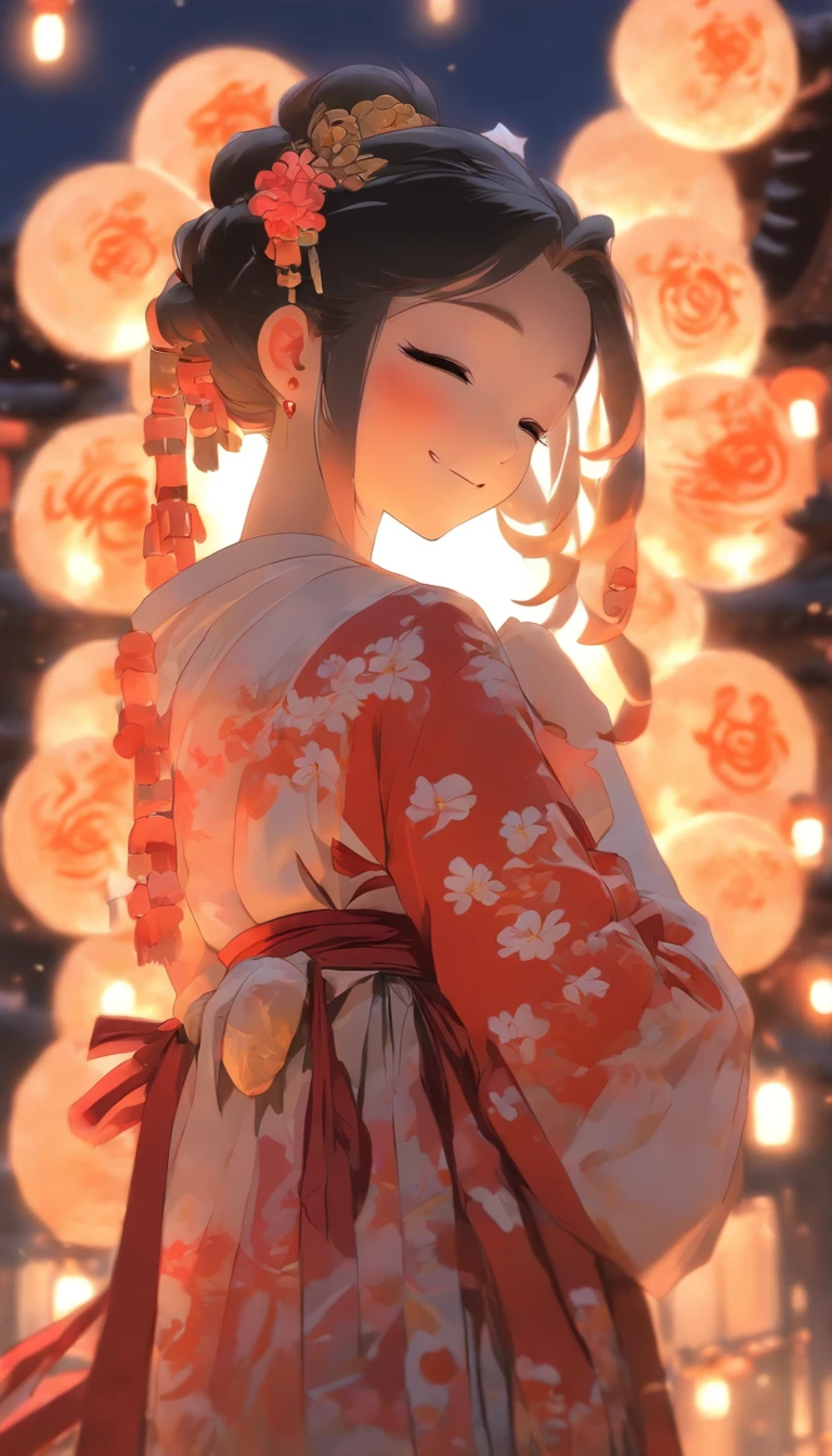 1girll, Moon, hair adornments, full moon, Cloud, sky,Night, Chinese clothes, Solo, Smile, Wide sleeves, Night sky, Long sleeves, flower, hug, hair flower, petals, child, Blush, parted lip, Black hair, Rabbit, Cloudy sky, forehead mark, Black eyes, face markings, updo, Artist name, Animal hugs, Hanfu, hair-bun, Girl child, Holding, Outdoors, Short hair, sleeves past wrists