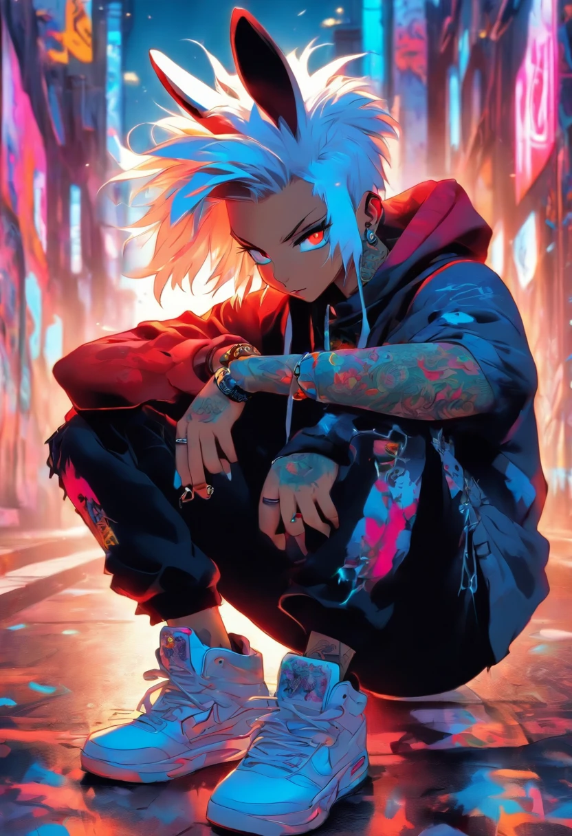 A cool and trendy rabbit, white hair, blue eyes, wearing trendy hip hop clothing, wearing a hoodie, graphic t-shirt and torn jeans, tons of tattoos and piercings, graffiti style background, highly detailed background, perfect masterpiece, high quality, high resolution