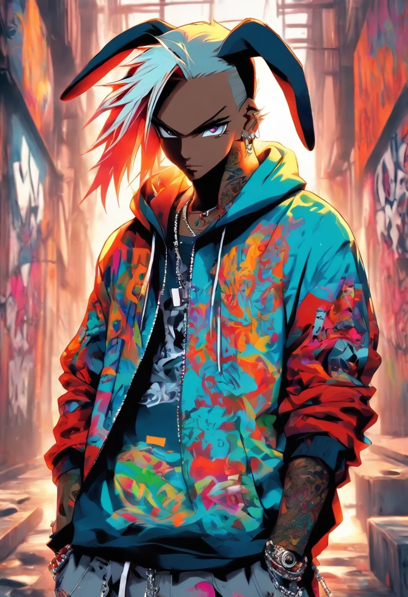 A cool and trendy rabbit, white hair, blue eyes, wearing trendy hip hop clothing, wearing a hoodie, graphic t-shirt and torn jeans, tons of tattoos and piercings, graffiti style background, highly detailed background, perfect masterpiece, high quality, high resolution