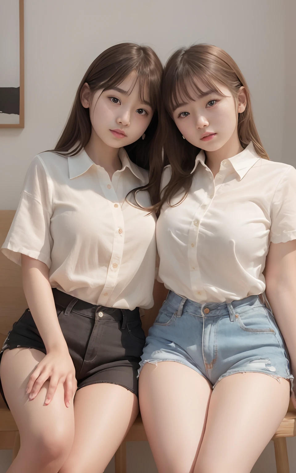 (2 girls of the same age:1.2) , couple focus, Adorable, ars,   japanaese girl,  White collared shirt,  Sitting next to each other on a cushion, Knees ,  Short pants, (Smile),Twin-tailed,  hair scrunchie,  , (High color saturation:1.2), (Low contrast:1.1), (High color saturation:1.0), (highlydetailed skin), (Best Quality:1.0), (超A high resolution:1.0) ,(photographrealistic:1.0), (ultra-detailliert:1.0), (8K, Raw photo:1.1),(Breast:1.0)