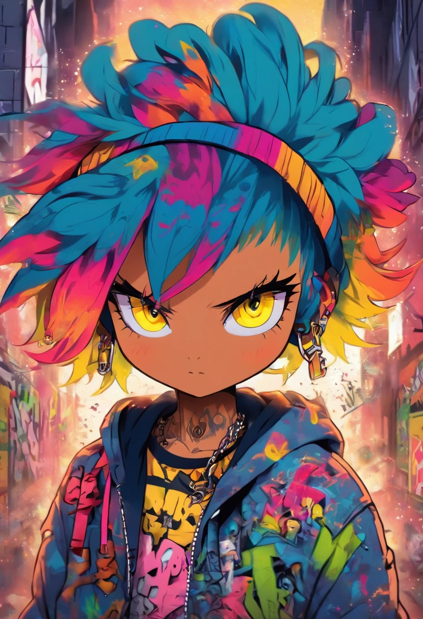 A cool and trendy rabbit, rainbow colored hair, yellow eyes, wearing trendy hip hop clothing, wearing a hoodie, graphic t-shirt and torn jeans, tons of tattoos and piercings, graffiti style background, highly detailed background, perfect masterpiece, high quality, high resolution