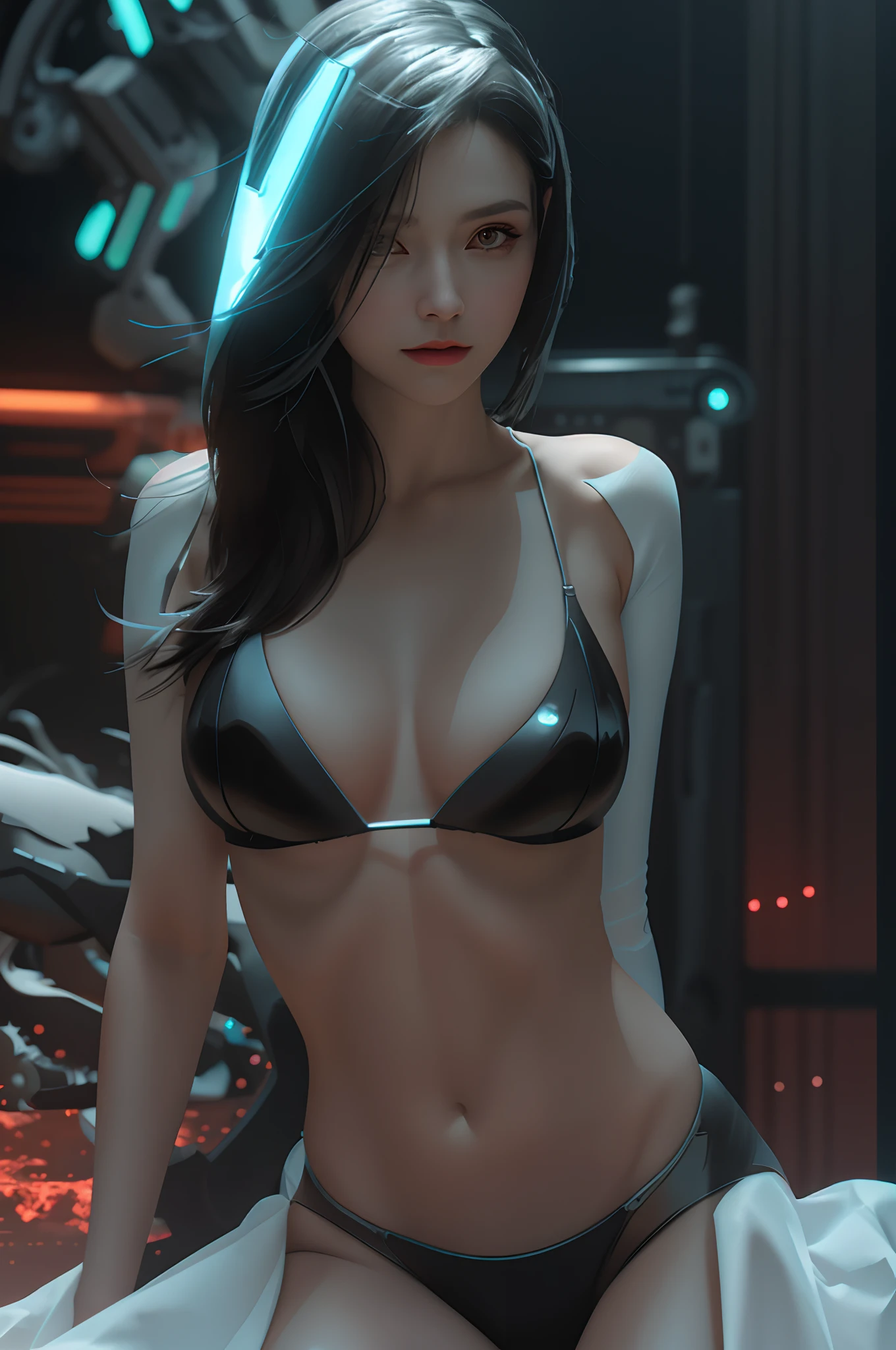 Beautiful full body photo of cute mechanical cyberpunk battle angel Alita, Translucent lacework mechanical limbs and body, blood vessels connected to tubes,mechanical vertebra attaching to the back, mechanical cervical attaching to neck, wires and cables connecting to head, Realistic details, shadowy, Octane Render, 8K, Ultra Ultra Detail, highly intricate detail, Realistic light, Trending on CGSociety, Big eyes, neon details, Depth of field f/2.8