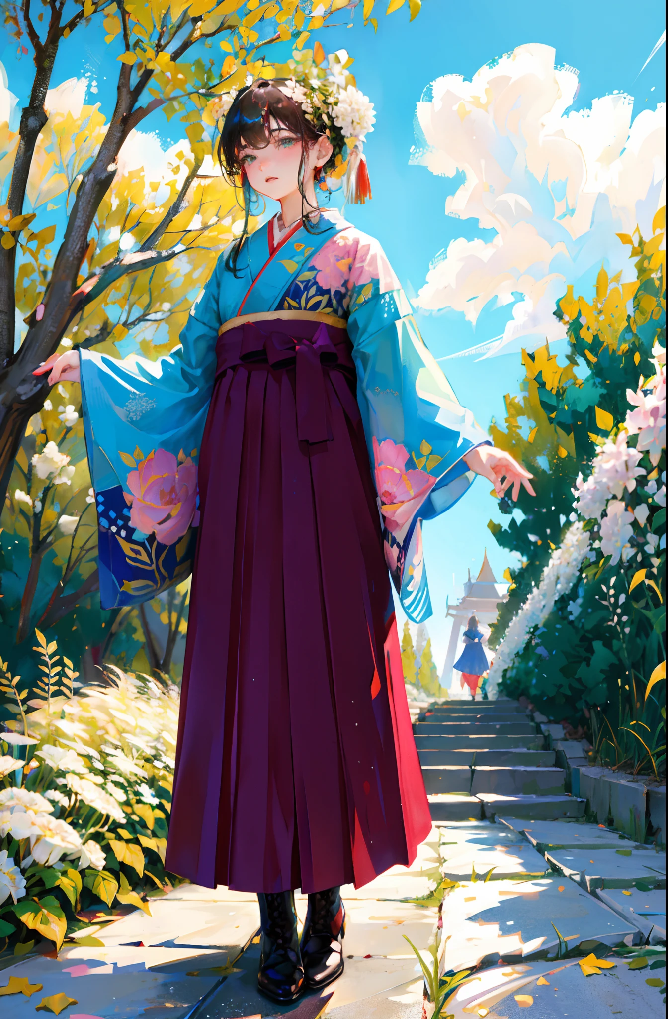 ((masterpiece、top-quality、ighly detailed、insanely detaileda、Detailed CG、8k wallpaper))、(1girl in:1.4)、Super Idol、face perfect、、plein air、(Summer Cloud:1)、(A dark-haired、The long-haired、hakama、kimono:1.1)、hair adornments、walking、(hydrangeas:1)、(green leafs)、boots、Standing、独奏、Look at viewers