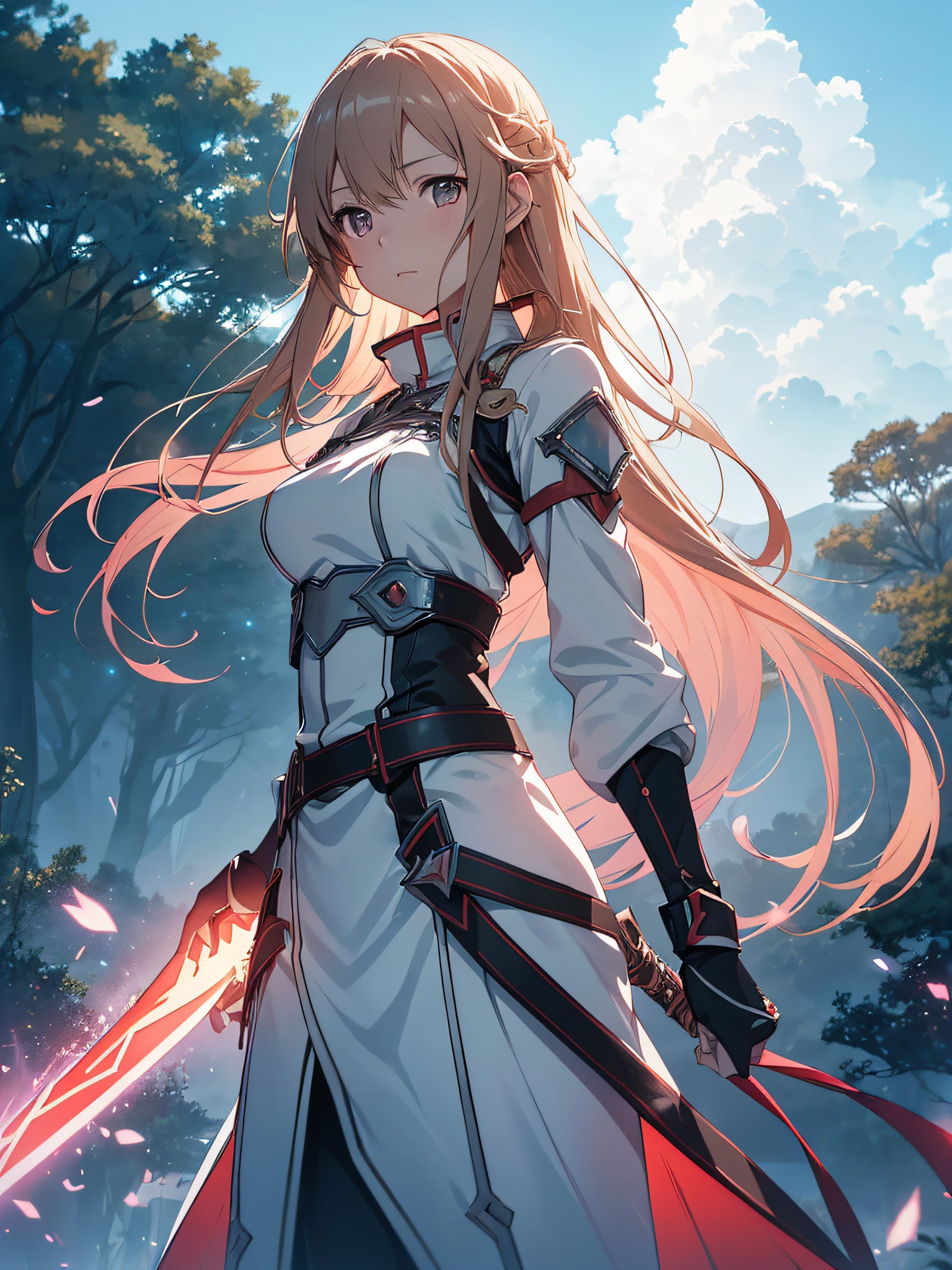 Asuna Yuuki, with two swords, white battle outfit, Sword Art Online Alicezation, red strokes that simulate the character's speed, battle mode, (ultra-realistic), {extremely detailed 8k CG unit wallpaper}, landscape photography expansive, (a centered view that prioritizes the entire character, (wide open field view), (low angle shot), (high light: 1.5), (low light: 1.0), (warm light source: 1.0), complex details, (iridescent colors: 1.5), (bright lighting), (atmospheric lighting), Sword Art Online, dreamy, anime
