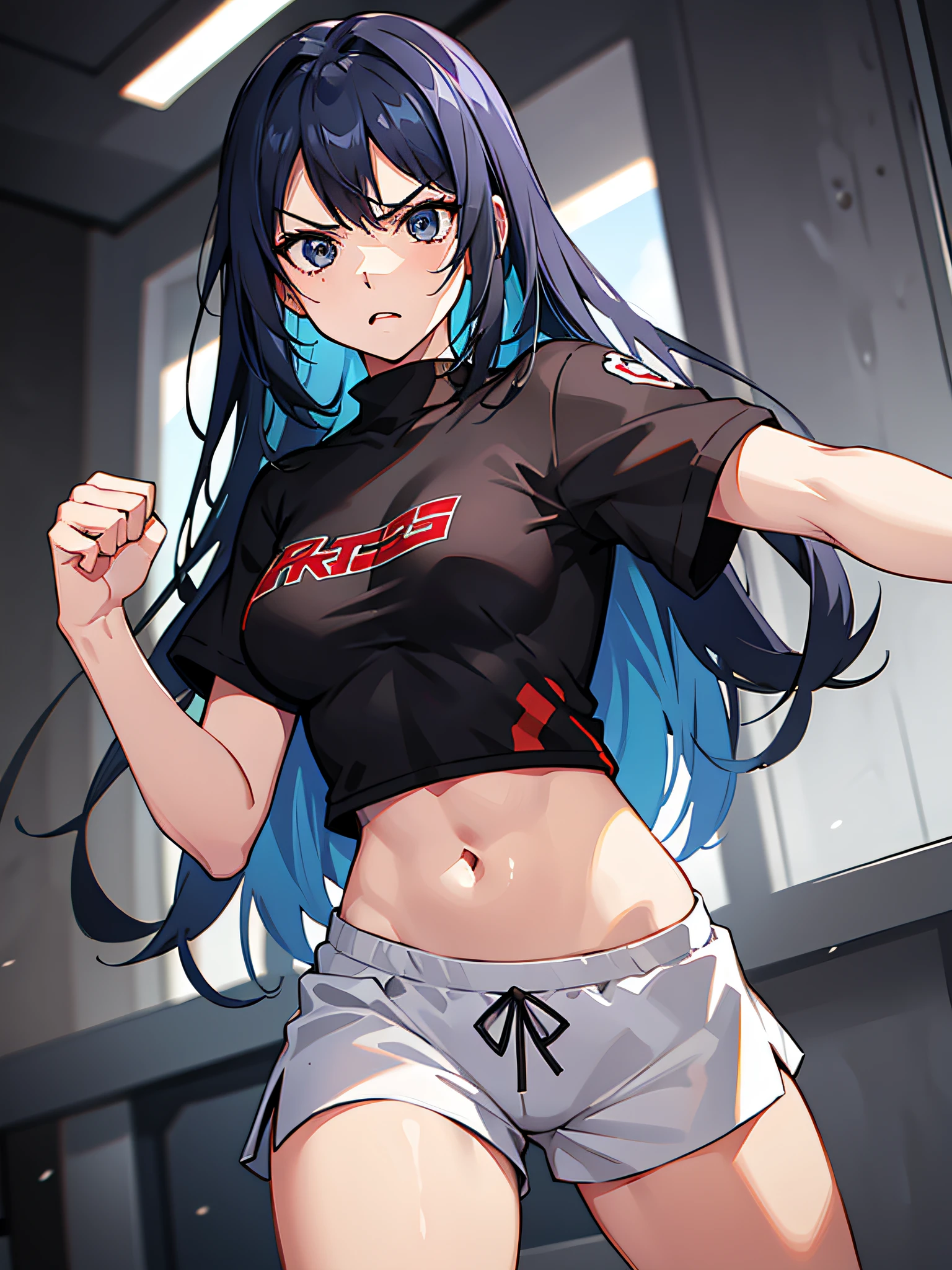 young girl, Long blue hair, Black eyes, Black T-shirt, Red BREAK white sports shorts, Angry, Fighting stance, Imposing,Masterpiece, High quality