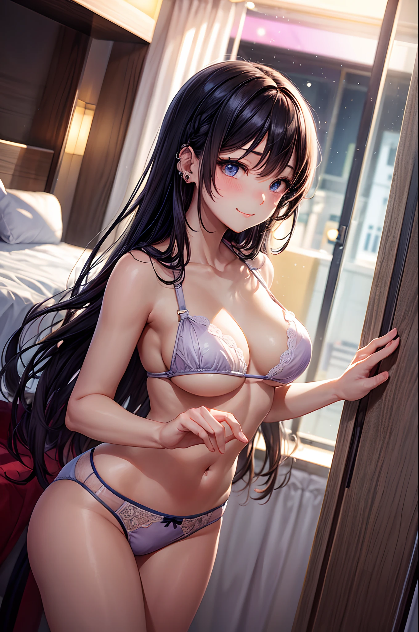 realisitic、top-quality、 1 人、18year old、Fancy Color Hair、piercings、Shy face、Fancy underwear、beautiful boob 、selfee、Nyan Nyan Pose、hotels room、Particles of light、profetional lighting