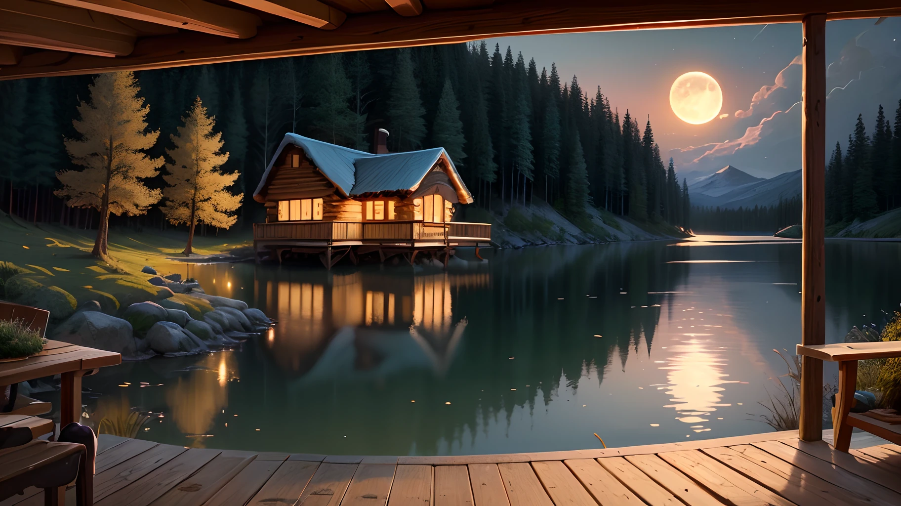 Set the scene by describing the cabin and the moonlit lake behind it.