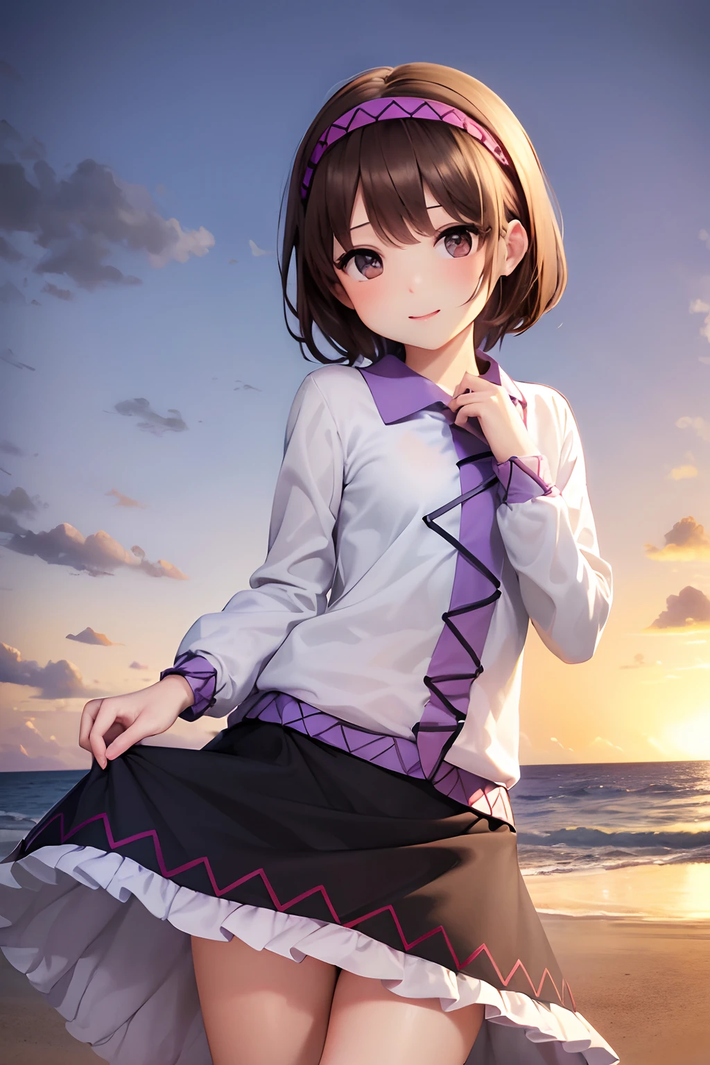 ​masterpiece, top-quality, 1girl in,Kujuku8 Bridge, Brown-haired shorthair(I wear a headband)、Brown-eyed、White jacket、Black skirt、A slender、A sexy、Sea and sandy beach background、the whole body is wet、Bikini with purple ruffles、full body seen、red blush、Happy face