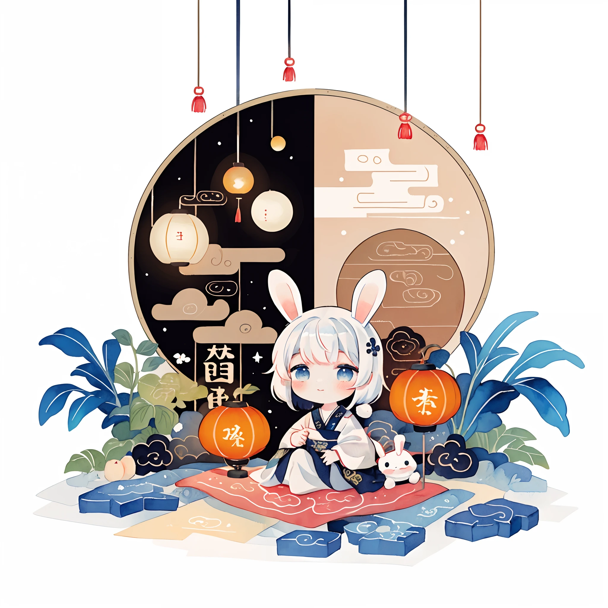 (pastelcolor:1.3)、(cute illustration:1.3)、(watercolor paiting:1.1),（A rabbit：1.4）, sat on the ground, Looking up, （（Mid-Autumn Festival atmosphere，sweet osmanthus，Kongming Lantern，Meniscus，Moon cake）），（Chinese kanji：1.3），Traditional Chinese illustration style, Digital art, Simple background, Masterpiece on white background, Best quality, Ultra-detailed, High quality, 4K