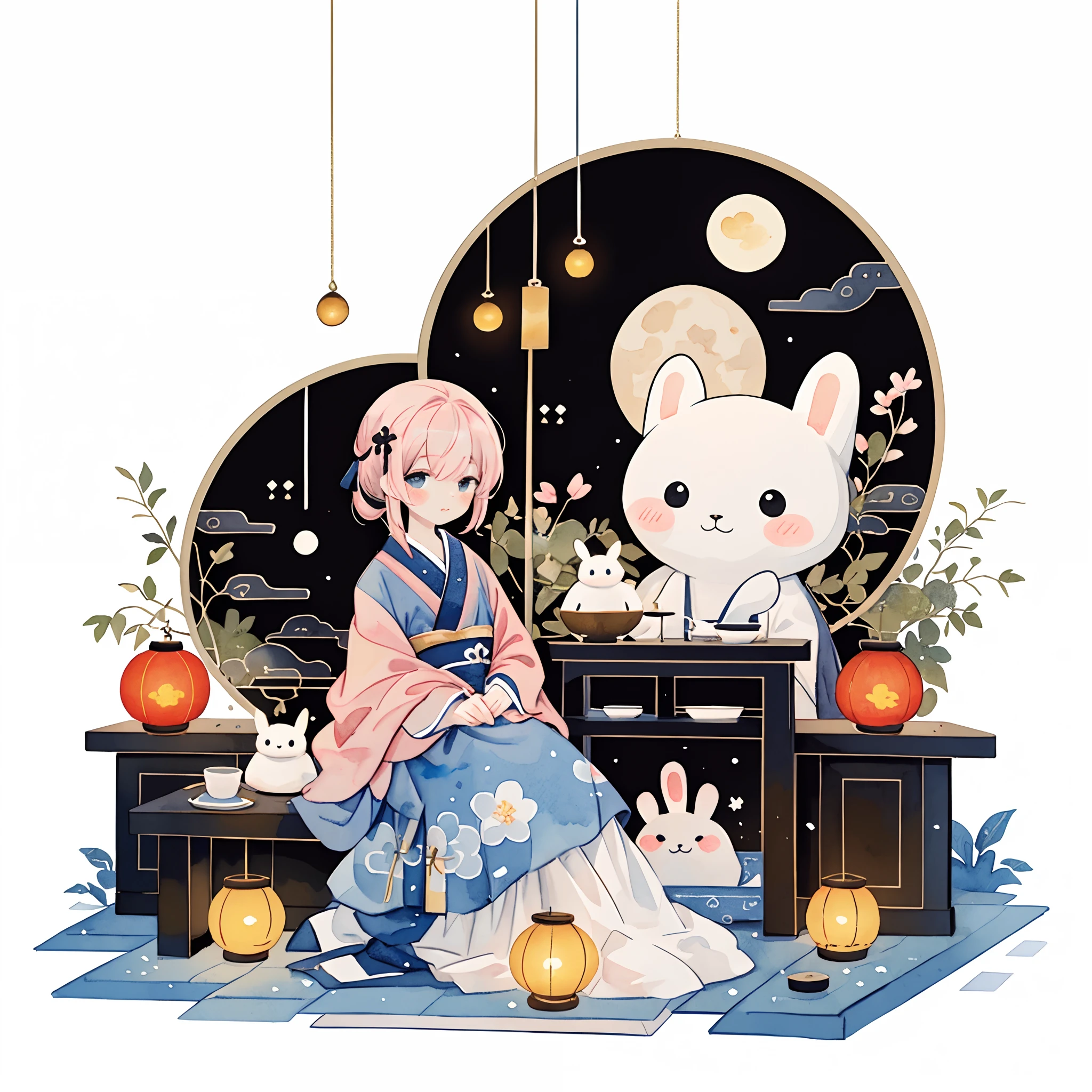 (pastelcolor:1.3)、(cute illustration:1.3)、(watercolor paiting:1.1),（A rabbit：1.4）, sat on the ground, Looking up, （（Mid-Autumn Festival atmosphere，sweet osmanthus，Kongming Lantern，Meniscus，Moon cake）），（Chinese kanji：1.3），Traditional Chinese illustration style, Digital art, Simple background, Masterpiece on white background, Best quality, Ultra-detailed, High quality, 4K