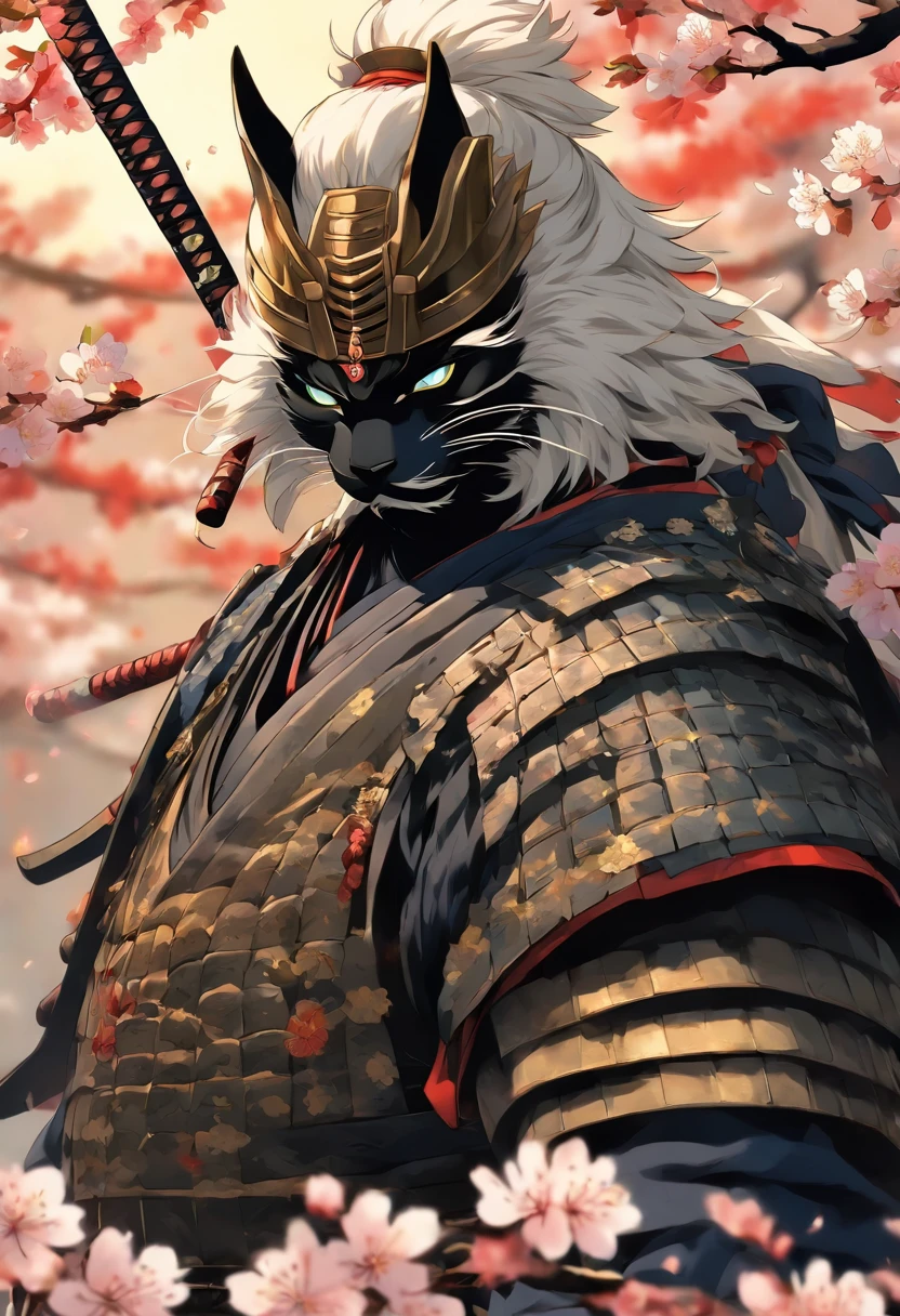 The most brave and noble cat samurai warrior, white hair, blue eyes, incredibly detailed black samurai armor with mounted sashimono war flag, cherry blossoms blowing in the wind, perfect masterpiece, high quality, high resolution