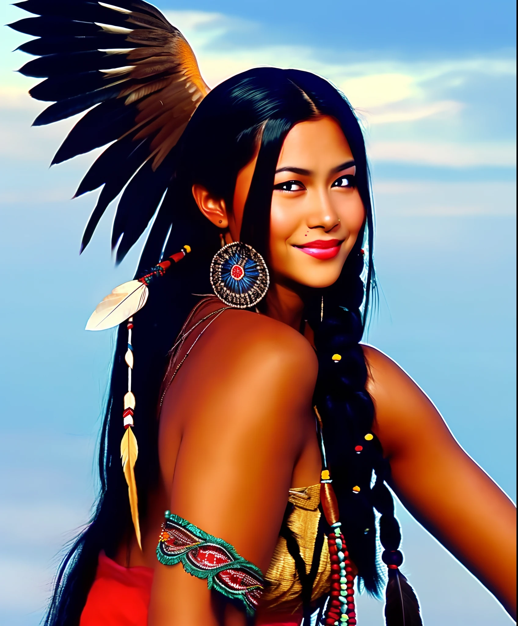 Cherokee woman flowing black hair, with a braid, adorned with an eagle feather attached to the braid holding a ceremonial bow, em um desfiladeiro, iluminado pela lua cheia