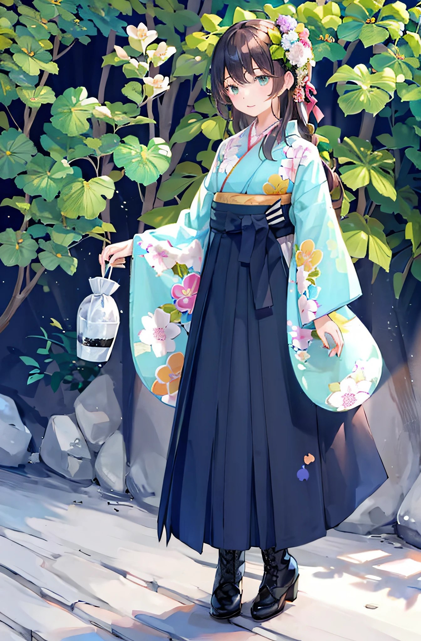 ((​masterpiece、top-quality、ighly detailed、insanely detaileda、Detailed CG、8k wallpaper))、(1girl in:1.4)、Super Idol、face perfect、Teen、plein air、(Summer Cloud:1)、(A dark-haired、The long-haired、Hakama、Kimono:1.1)、hair adornments、Walking、(hydrangeas:1)、(green leafs)、long boots、Standing、独奏、Look at viewers