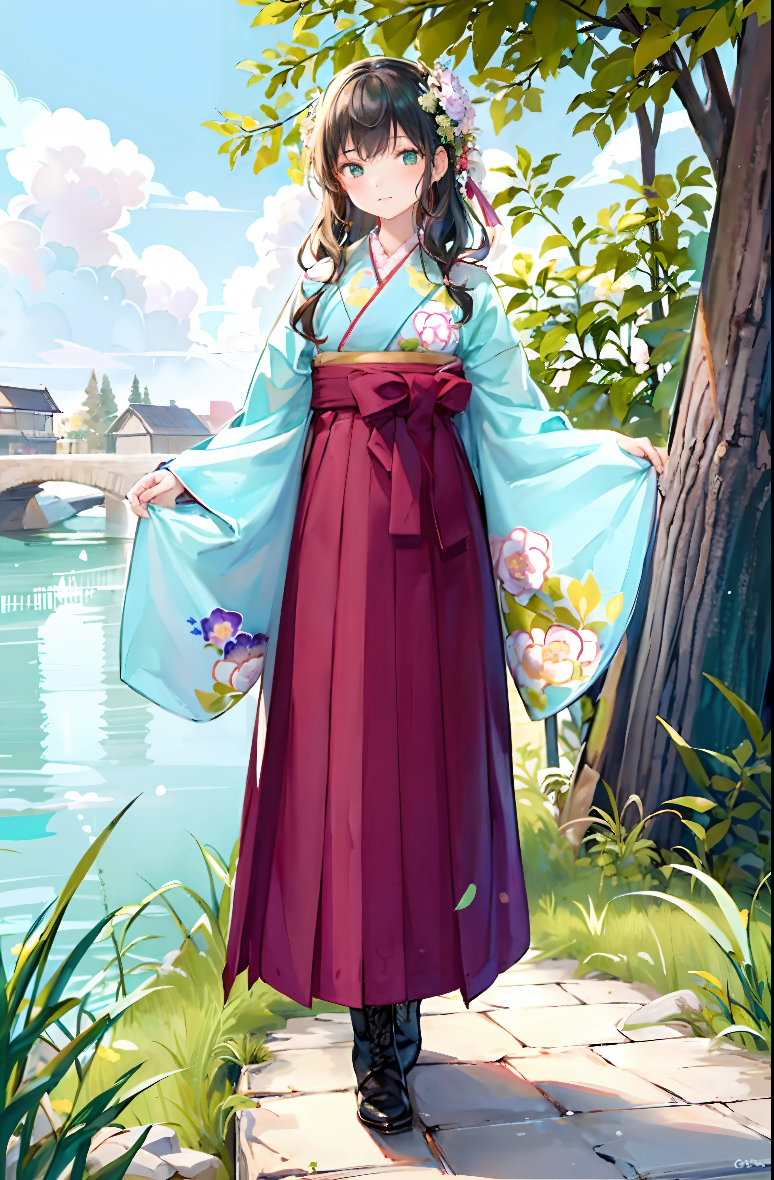 ((​masterpiece、top-quality、ighly detailed、insanely detaileda、Detailed CG、8k wallpaper))、(1girl in:1.4)、Super Idol、face perfect、、plein air、(Summer Cloud:1)、(A dark-haired、The long-haired、Hakama、Kimono:1.1)、hair adornments、Walking、(hydrangeas:1)、(green leafs)、long boots、Standing、独奏、Look at viewers