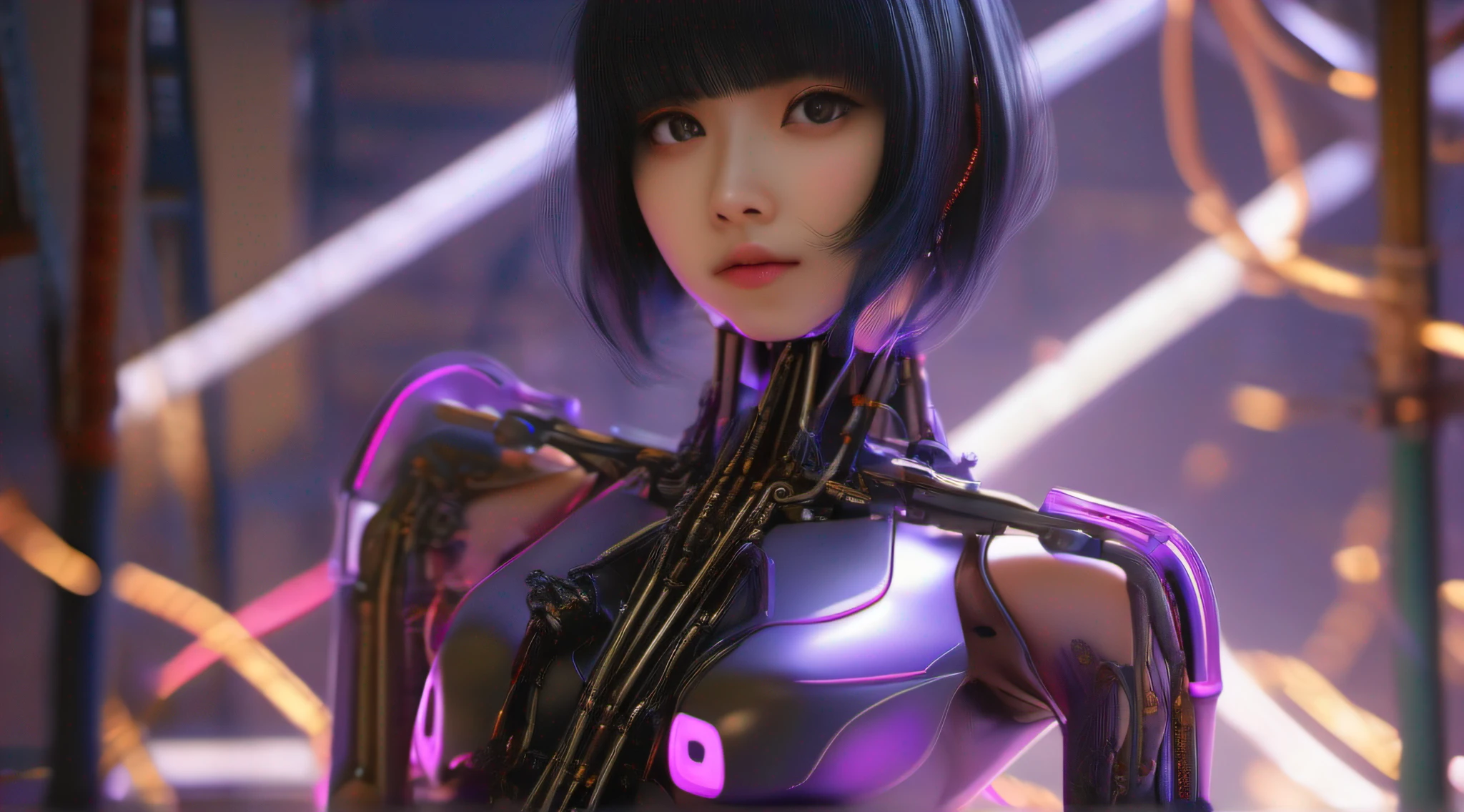 of the highest quality, masutepiece, 超A high resolution, (Photorealistic: 1.4), Raw photo, 1 girl, Black hair, Glossy glossy skin, 1 Mechanical Girl, (hyperrealistic detailed)), Portrait, Global Illumination, shadowy, Octane Rendering, 8K, ultrasharp, , Exposed raw skin, Metal, Intricate decoration details, Japan details, high intricate detailed, Realistic light, CG Trends, Purple eyes, Glowing eyes, Facing the camera, neon light detail, Mechanical limbs, blood vessels connected to tubes, Mechanical vertebrae attached to the back, Mechanical cervical attachment to the neck, Sitting, wires and cables connecting to head, Evangelion, Small LED light,