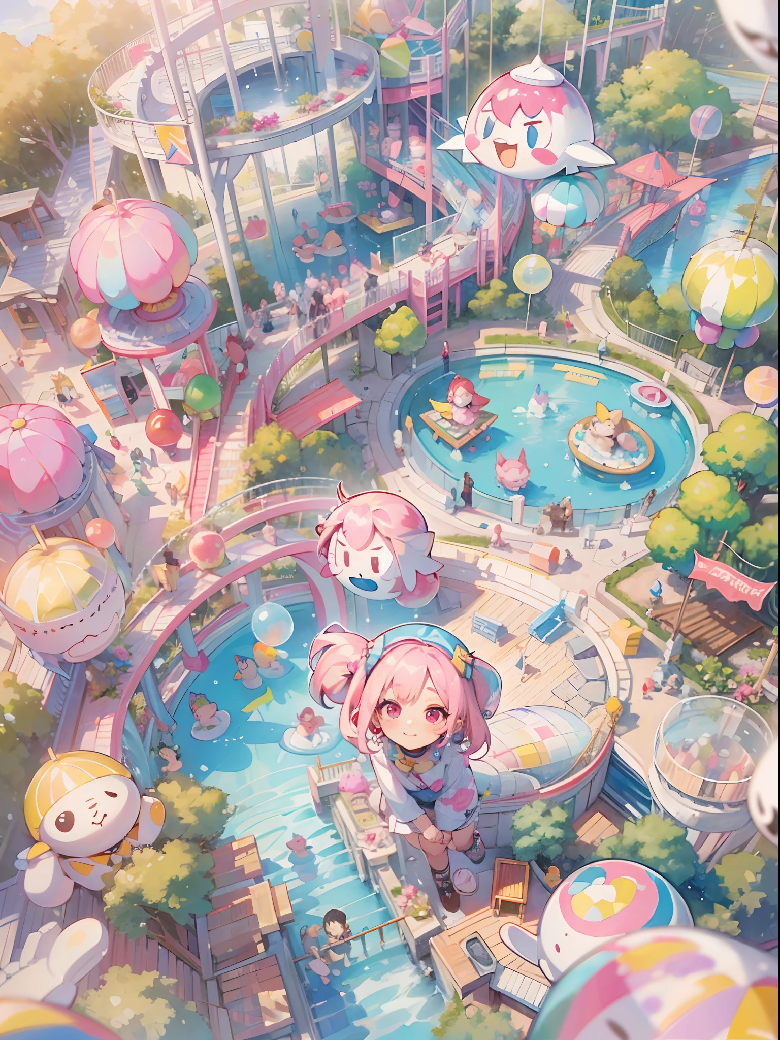 ((Best quality, 8K, Masterpiece: 1.4)),((Amazing detail: 1.3)),((illustration: 1.2)),((High resolution1.1)),1girll,aquarelle,Watercolor painting,Colorful,bubble head,Pink hair,kawaii,poison fangs, grin, Multicolored eyes, Gradient eyes, Heart earrings, hair pin, Depth of field, angle of view, From above, Delicate, amusement waterpark background,