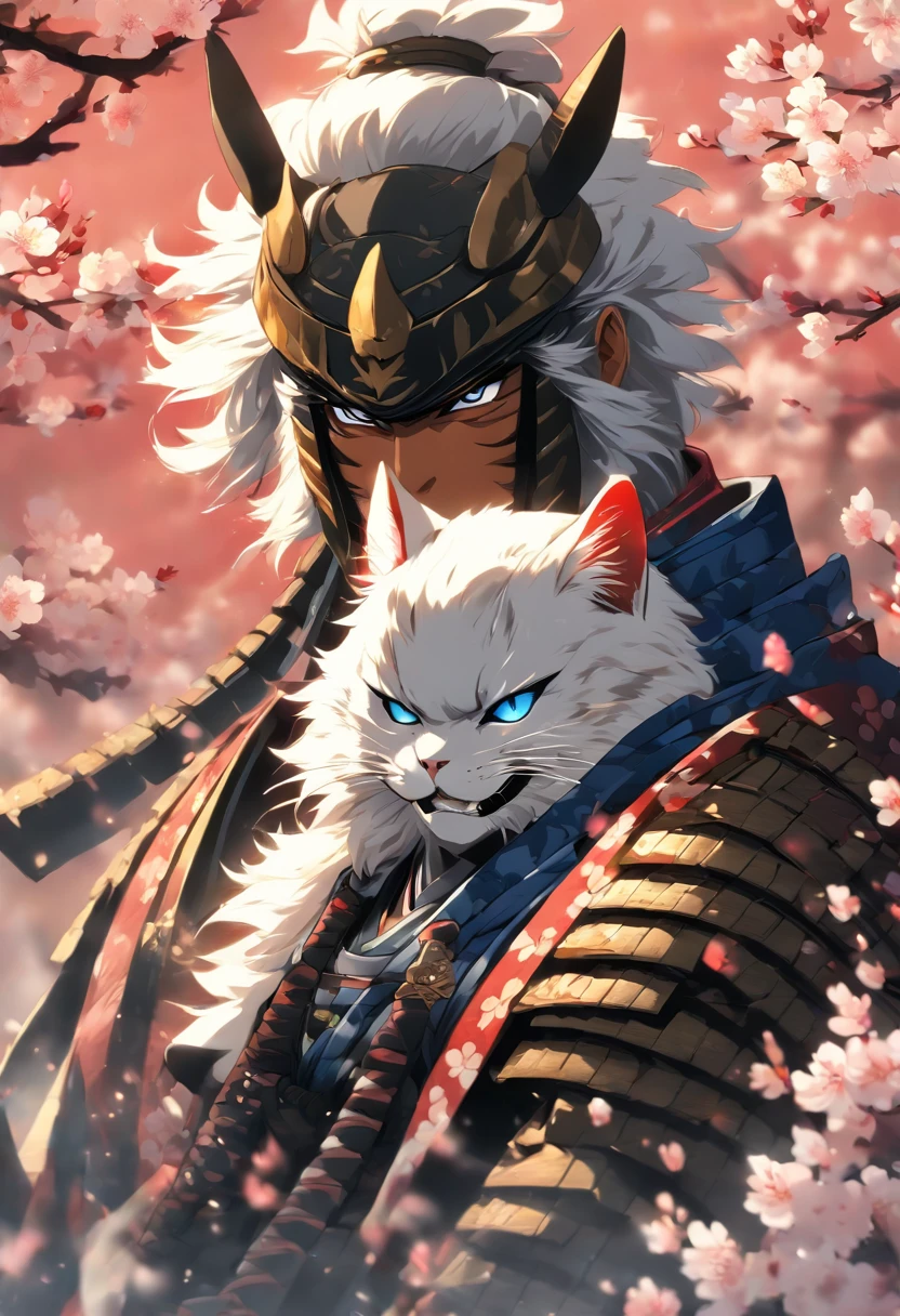 The most brave and noble cat samurai warrior, white hair, blue eyes, incredibly detailed black samurai armor with mounted sashimono war flag, cherry blossoms blowing in the wind, perfect masterpiece, high quality, high resolution