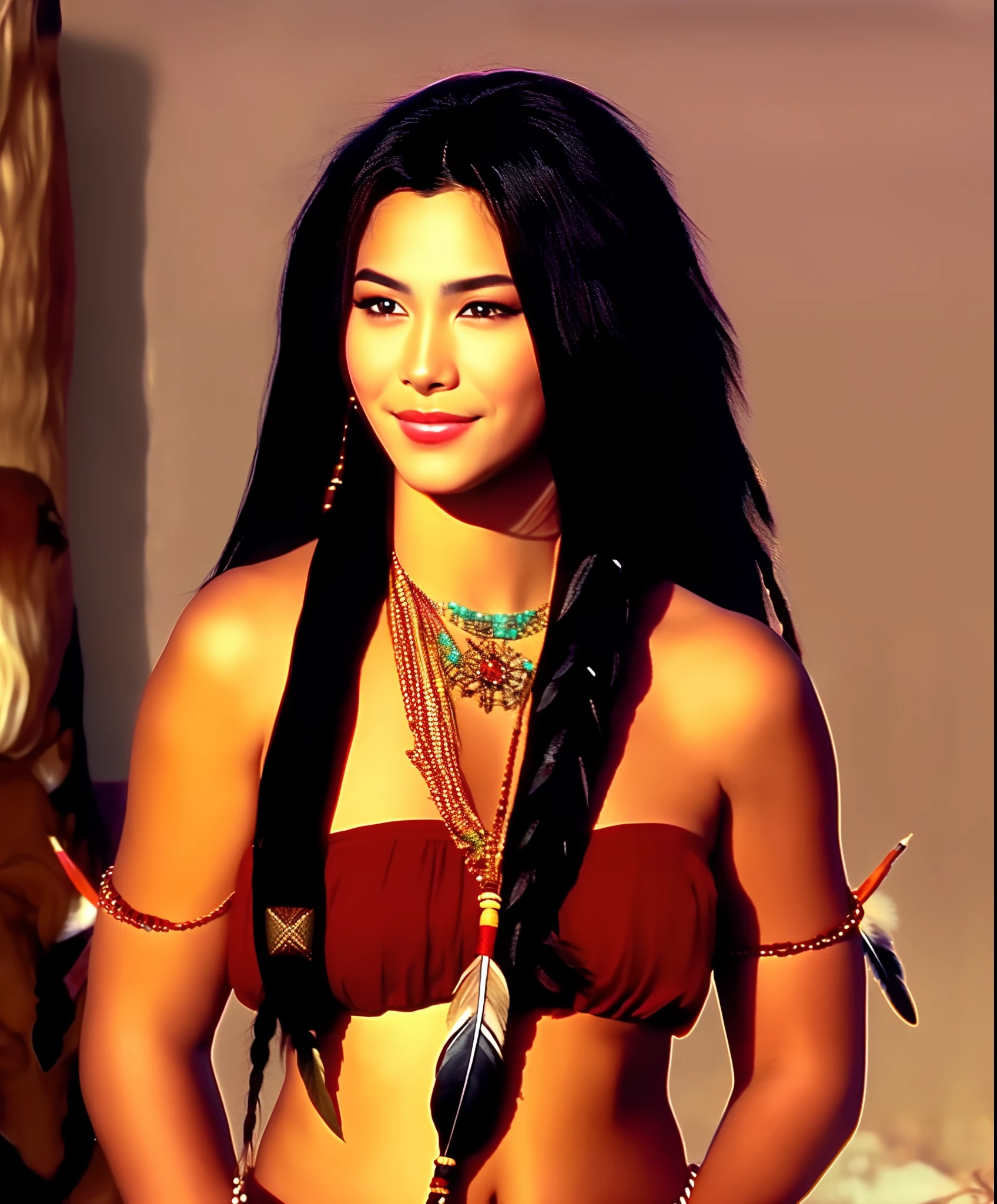 Cherokee woman flowing black hair,  with a braid, adorned with an eagle feather attached to the braid holding a ceremonial bow, em um desfiladeiro, iluminado pela lua cheia