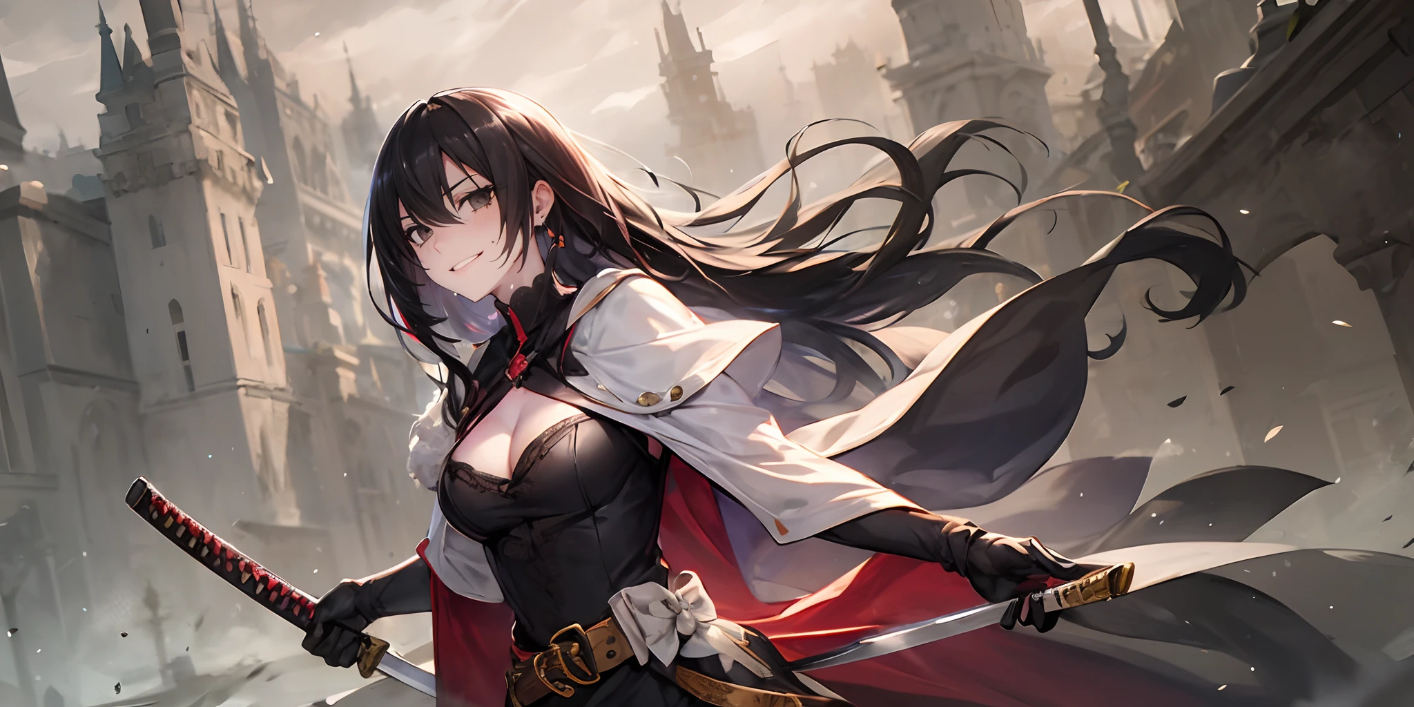 KirukiruAmou, (black hair, long hair, black eyes:1.4), steaming, fog, sword, 1girl, weapon, long_hair, gloves, breasts, purple_eyes, black_hair, cleavage, black_gloves, solo, holding, katana, cape, outdoors, looking_at_viewer, building, hair_ornament, earrings, medium_breasts, sheath, dress, standing, jewelry, floating_hair, architecture, castle, holding_weapon, cleavage_cutout, belt