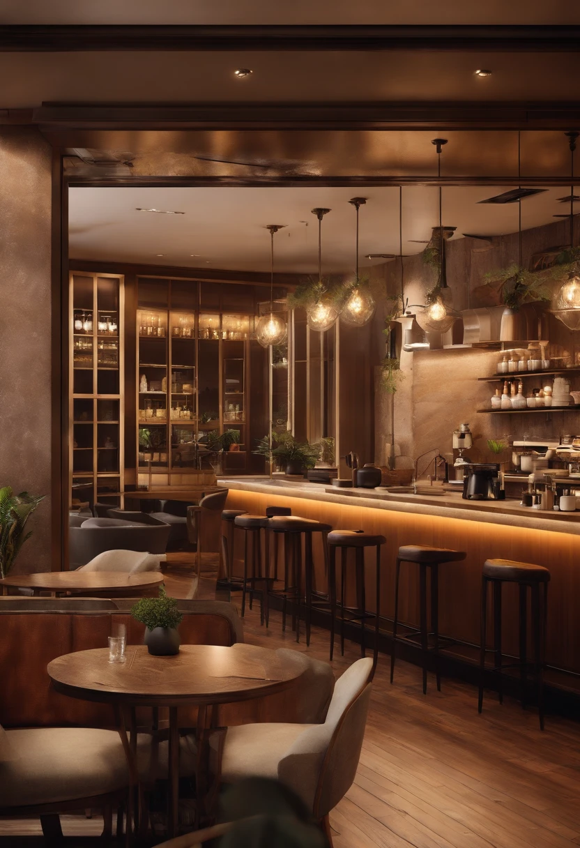 Modern café，Gorgeous renovation，cupboard，Wide scene，in a panoramic view，From the outside, hyper HD, High details