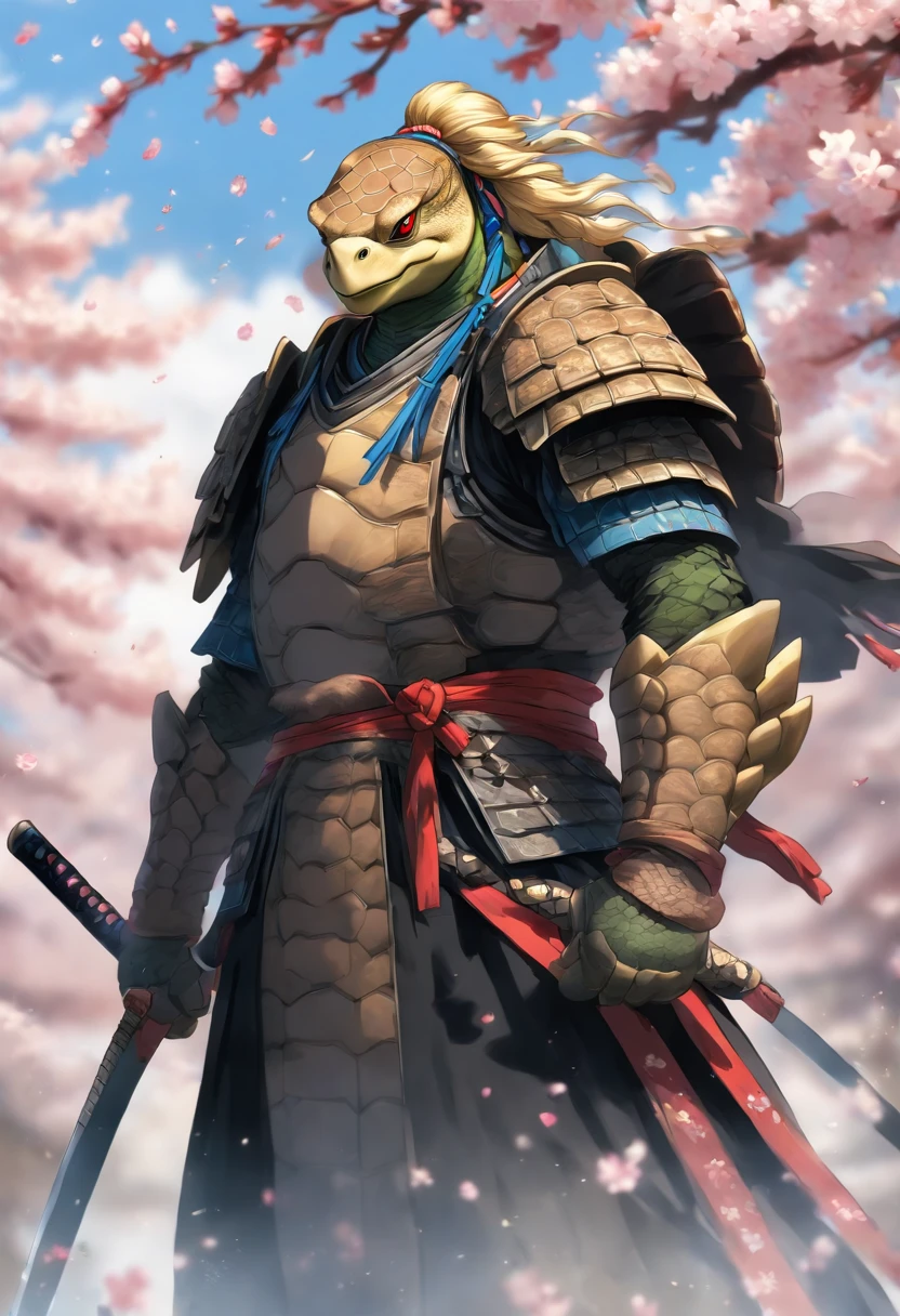 The most brave and noble turtle samurai warrior, blonde hair, blue eyes, incredibly detailed black samurai armor with mounted sashimono war flag, cherry blossoms blowing in the wind, perfect masterpiece, high quality, high resolution