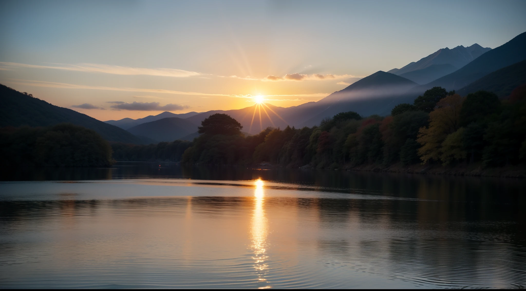 autumnal、The sun tilts to the west、Sunset casts a beautiful orange light on the surface of the lake。Night is approaching。stele々begins to glow in the sky、Makes you feel the arrival of night。It's a fantastic and warm night.。