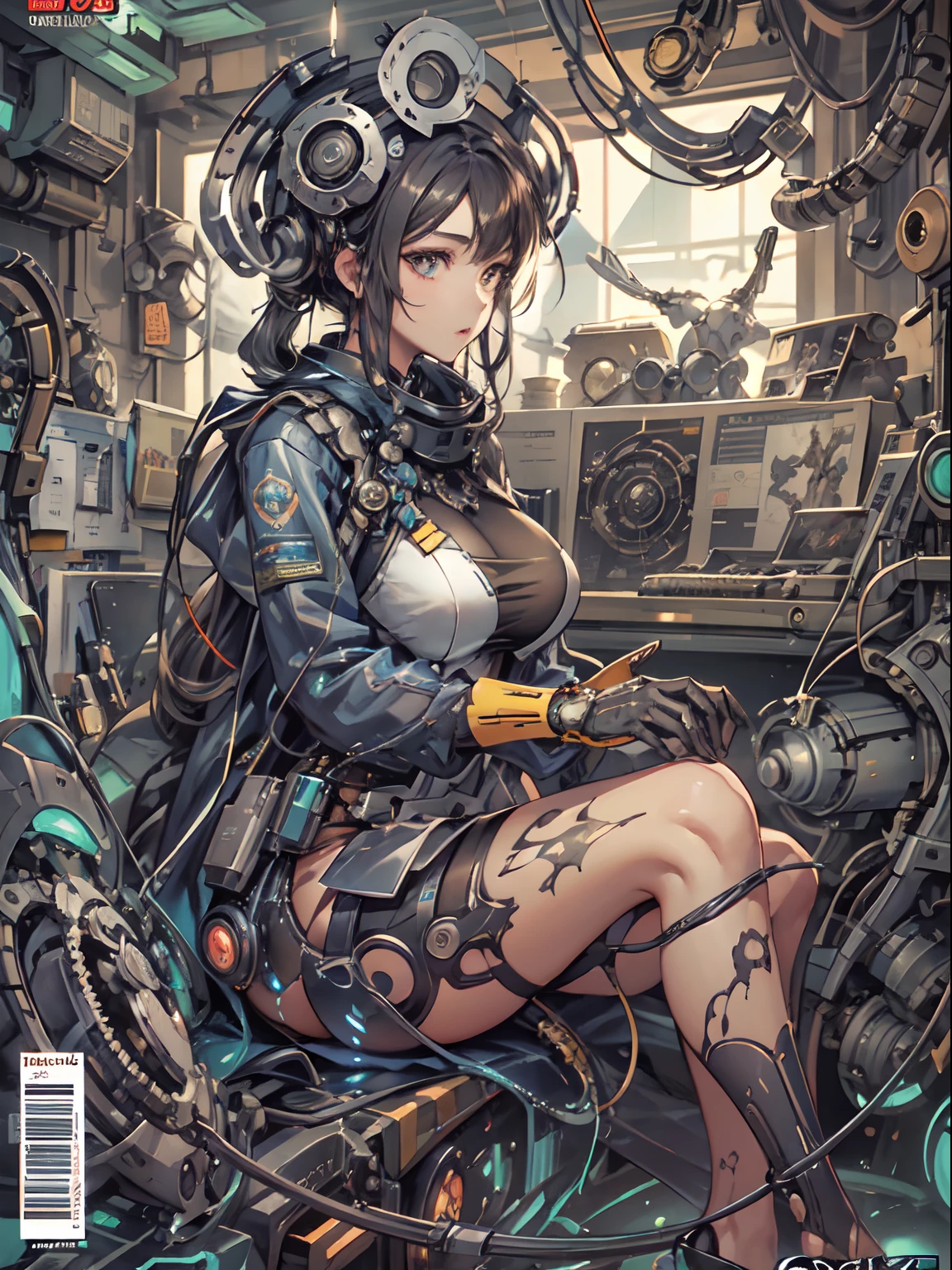 Comic magazine cover, garota fofa:1.2, techwear outfits, Mechanical spiders, electric cables, gear wheel, lap, fractals, art  stations, CGSetnação, Art Carlos Melia