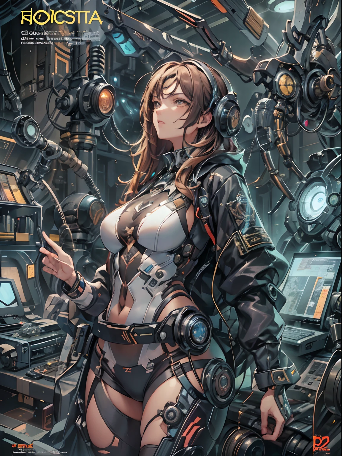 Comic magazine cover, garota fofa:1.2, techwear outfits, Mechanical spiders, electric cables, gear wheel, lap, fractals, art  stations, CGSetnação, Art Carlos Melia