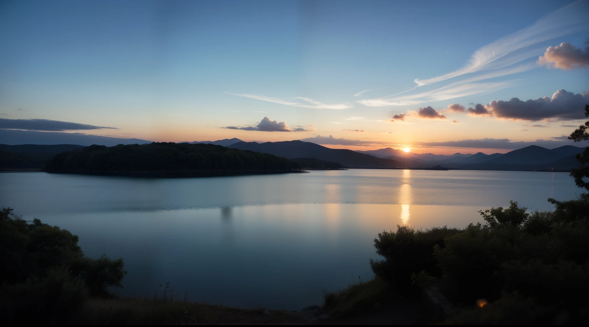 autumnal、The sun tilts to the west、Sunset casts a beautiful orange light on the surface of the lake。Night is approaching。stele々begins to glow in the sky、Makes you feel the arrival of night。It's a fantastic and warm night.。