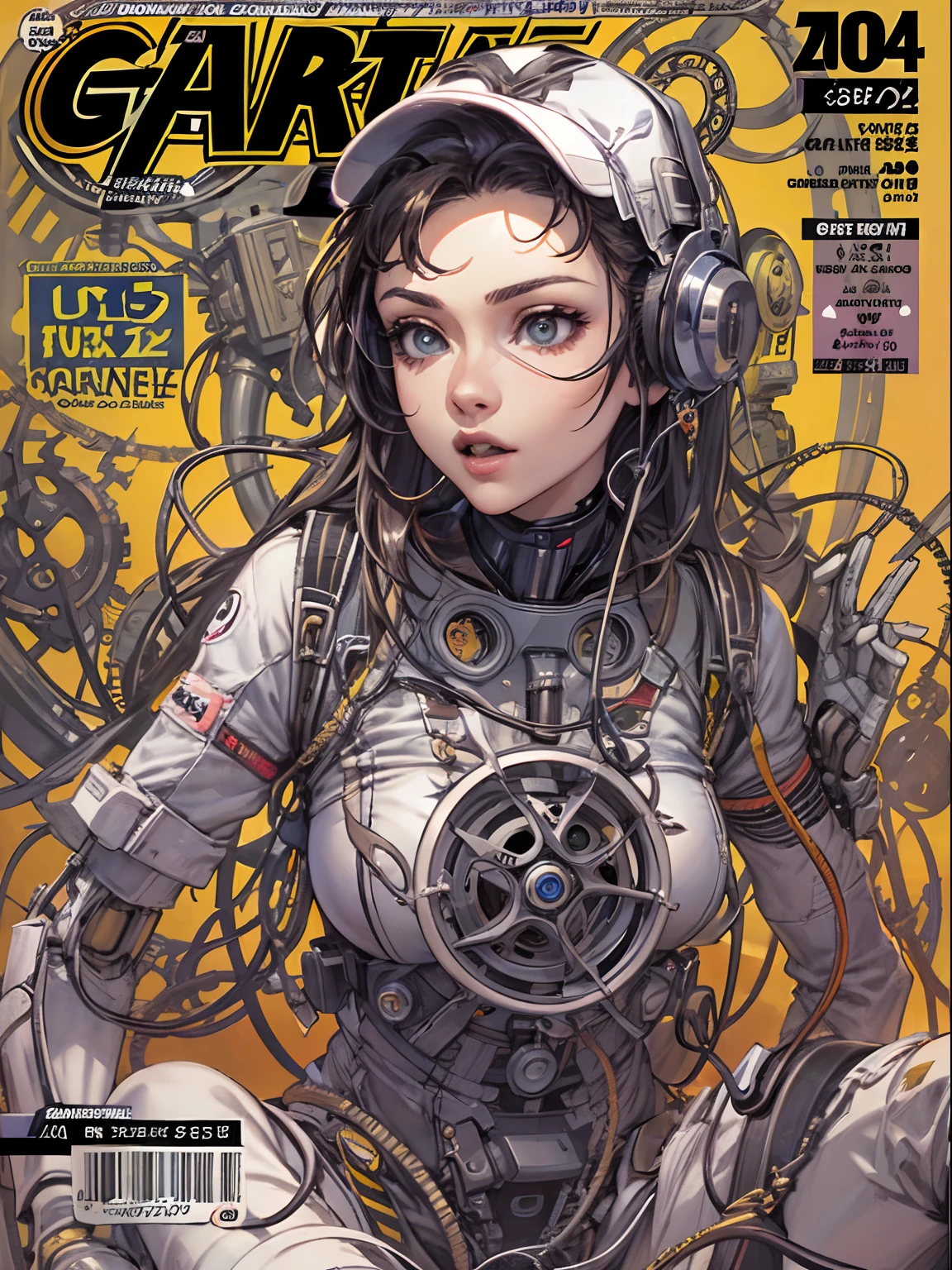 Comic magazine cover, garota fofa:1.2, techwear outfits, Mechanical spiders, electric cables, gear wheel, lap, fractals, art  stations, CGSetnação, Art Carlos Melia