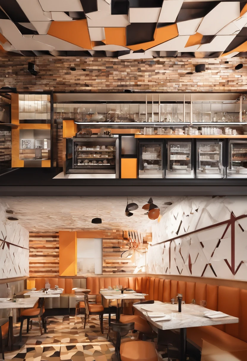 Modern café,Gorgeous renovation,cupboard,Wide scene,in a panoramic view,From the outside, hyper HD, High details
