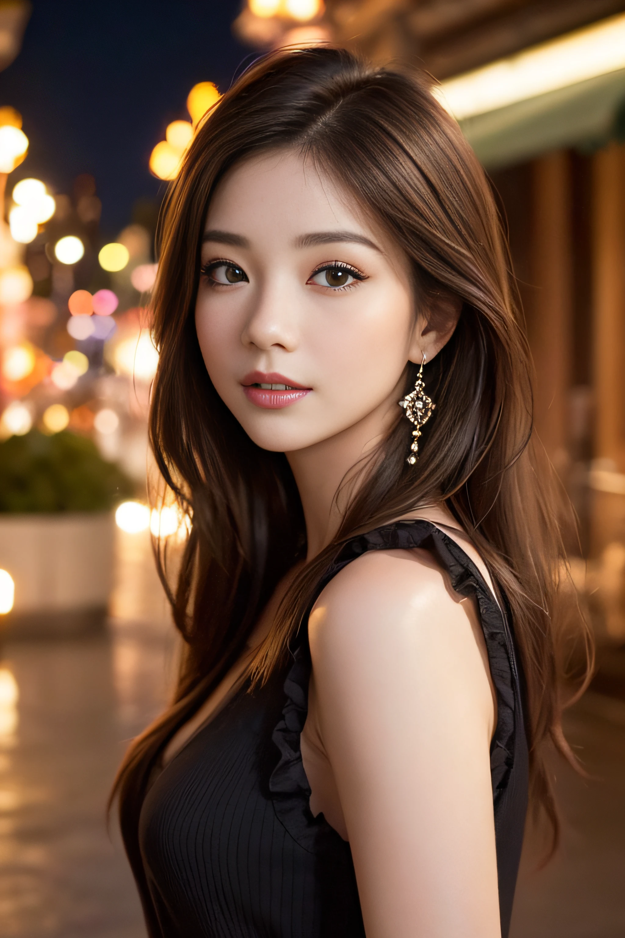 (1 girl in love), medium large breasts: 1.3, ((no bra)), ((Background of beautiful night sea and night view seen from the rooftop of a skyscraper: 1.4)), ((Grabbing the viewer's hand)), BREAK (Masterpiece: 1.3), (Maximum resolution: 1.4), (Ultra HDTV: 1.2), Cinema light, Ultra HDTV, (Detailed eyes and skin), (Detailed facial features), HDR, 8k resolution, Perfect style, beautiful face, highly detailed face and skin texture, detailed eyes, double eyelids, glitter eyeliner: 1.2, pale cheeks, shiny skin, fair skin: 1.2, shiny little neck and earrings, shiny lips: 1.2, ((Cowboy shot: 1.2)), ((From a very intimate distance: 1.2)), BREAK (Button Up Holter Neck Bodycon Mini Dress: 1.3)) (layered hairstyle, dark brown hair), medium long hair, (very seductive smile: 1.2),