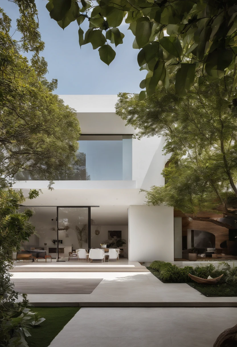 casa minimalista, 2 pisos, de color blanco y jardin con arboles