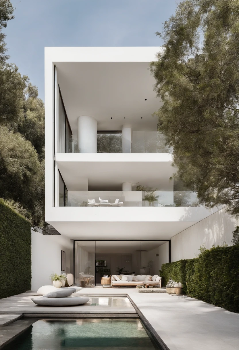 casa minimalista, 2 pisos,  de color blanco y jardin con arboles