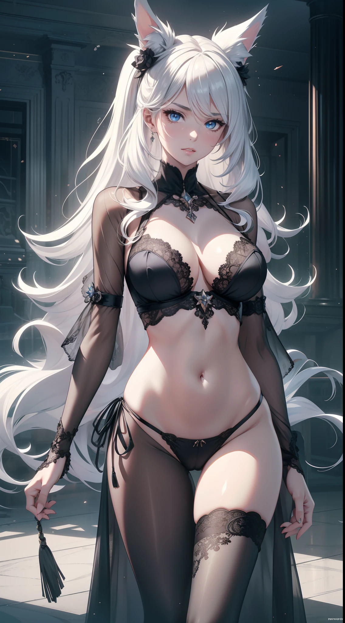 full bodyesbian, masterpiece, Best quality at best, offcial art, Very detailed CG 8k wallpaper, (flying petal)(Detailed ice), Crystal texture of the skin, Grim expression, (fox ear), white hair, long white hair, messy  hair, eBlue eyes, Medium breasts, looking at viewer, Hands are truly optimized, The foot is truly and reasonably optimized, very fine and beautiful, A high resolution, Underwear lace (transparent pubic hair, Silky), Navel-baring, Sling pajamas black silk (transparent pubic hair, Silky), Strangle leg rings, close-up on legs, Unilateral ponytail with white hair, Flushed face, Lie down, Background bed, water stain (Close up of transparent water stains), lots of resolution, Close-up of the hand, The lines are clear and realistic, photograph realistic, best quality, tmasterpiece, Extremely refined and beautiful, extremely details, CG 8K, Amazing Cleavage, finely detailed, tmasterpiece, Best quality at best, extremely detailed CG unity 8k wallpaper,